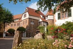 Rathaus der Gemeinde Reichelsheim Ein sonniger Blick auf einen malerischen Stadtplatz mit historischen Gebäuden. Die detailreichen Gebäude besitzen rote Ziegeldächer, robuste steinerne Unterbauten und helle, weiß verputzte Obergeschosse. Einige Fenster sind mit dunkelgrünen Fensterläden versehen. Ein markanter runder Turm mit Ziegeldach ist an einem der Gebäude sichtbar. Im Vordergrund blühen lebendige rote und zarte rosafarbene Rosenbüsche, umgeben von weiterer üppiger Vegetation und einem großen, rauen Steinblock. Überhängende grüne Blätter eines Baumes sind am oberen Bildrand zu sehen. Ein Wegweiser an einer Laterne zeigt unter anderem "Rathausplatz" an