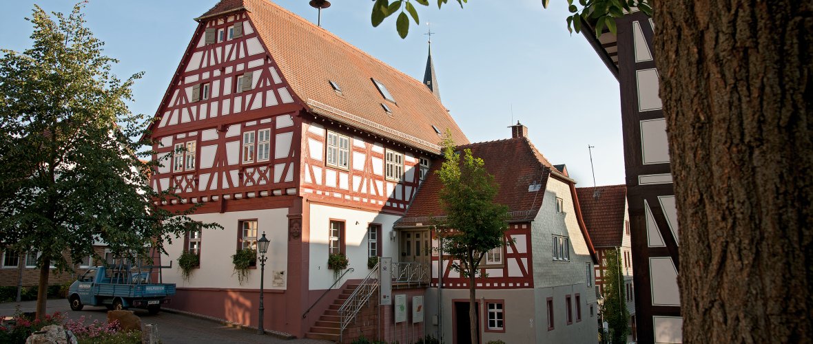 Eine idyllische Straßenszene an einem sonnigen Tag. Im Zentrum steht ein großes, zweistöckiges Fachwerkhaus mit markanten roten Holzbalken und weißen Wänden. Auf dem steilen, roten Ziegeldach ist deutlich eine Storchennestplattform zu erkennen. Hinter dem Fachwerkhaus ragt die Spitze eines Kirchturms in den klaren blauen Himmel. Links im Bild ist ein kleiner, blauer Lastwagen auf einem gepflasterten Platz geparkt, umgeben von grünen Bäumen und Büschen. Die Szene wird von grünen Blättern im oberen Bereich und einem Baumstamm auf der rechten Seite eingerahmt.