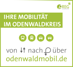 Grüne Grafik: „Ihre Mobilität im Odenwaldkreis“. Symbole für Bus, Bahn, Auto. Text: „von nach über odenwaldmobil.de“. Logo oben rechts.