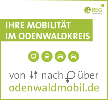 Grüne Grafik: „Ihre Mobilität im Odenwaldkreis“. Symbole für Bus, Bahn, Auto. Text: „von nach über odenwaldmobil.de“. Logo oben rechts.
