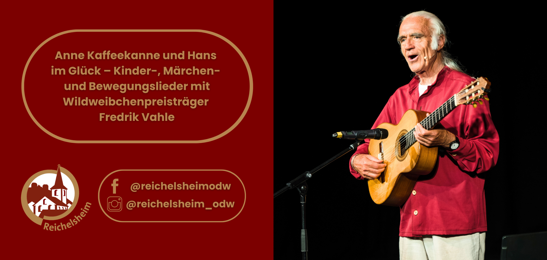Anne Kaffeekanne und Hans im Glück – Kinder-, Märchen- und Bewegungslieder mit Wildweibchenpreisträger Fredrik Vahle Ankündigung: Fredrik Vahle präsentiert Kinder-, Märchen- und Bewegungslieder; rechts singt er mit Gitarre auf einer Bühne.
