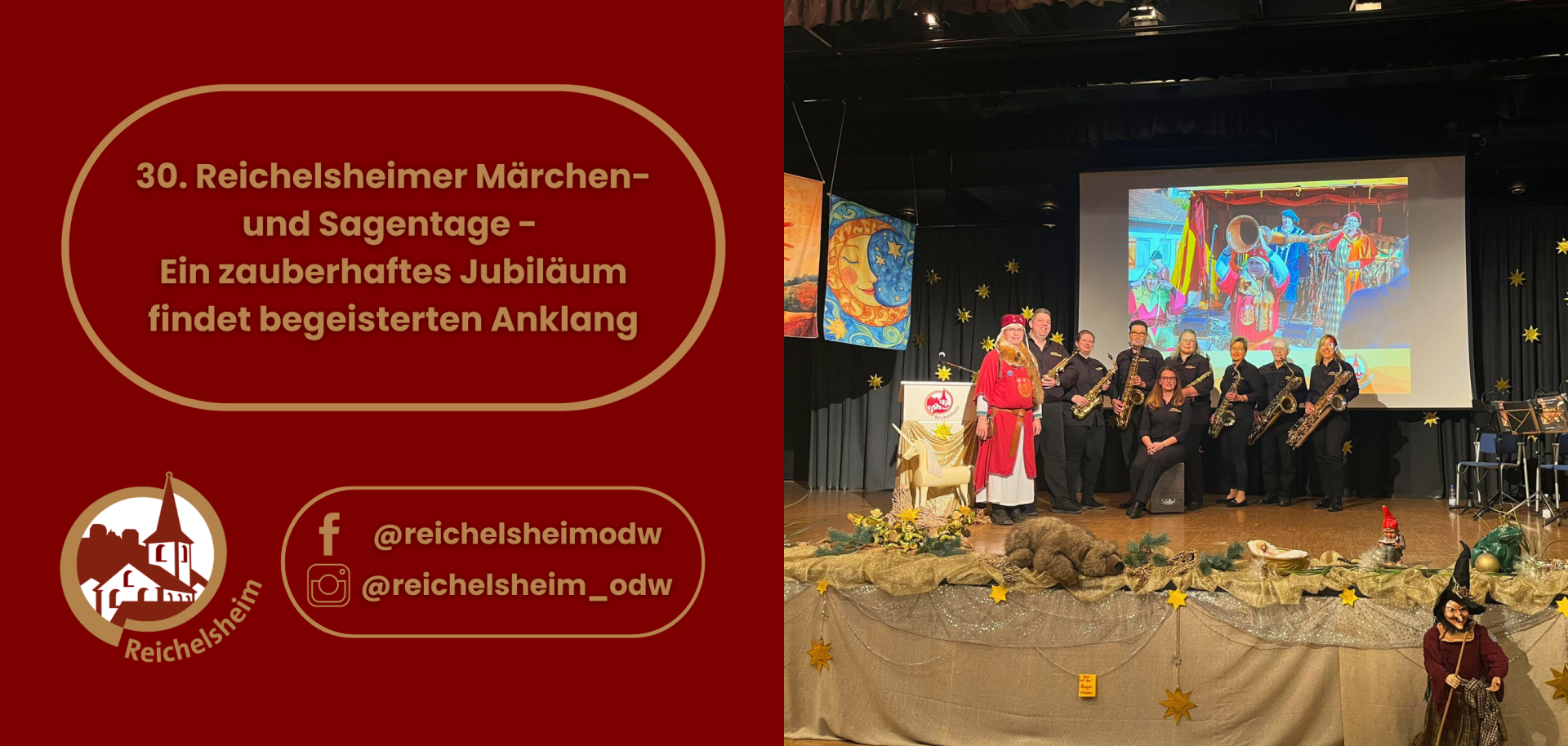 Zweigeteilte Übersicht. Auf der linken Seite ist der Titel des Artikels zu lesen und ein Hinweis auf die Social Media Kanäle der Gemeinde Reichelsheim zu sehen. Auf der rechten Seite ist ein zum Artikel passendes Bild platziert.