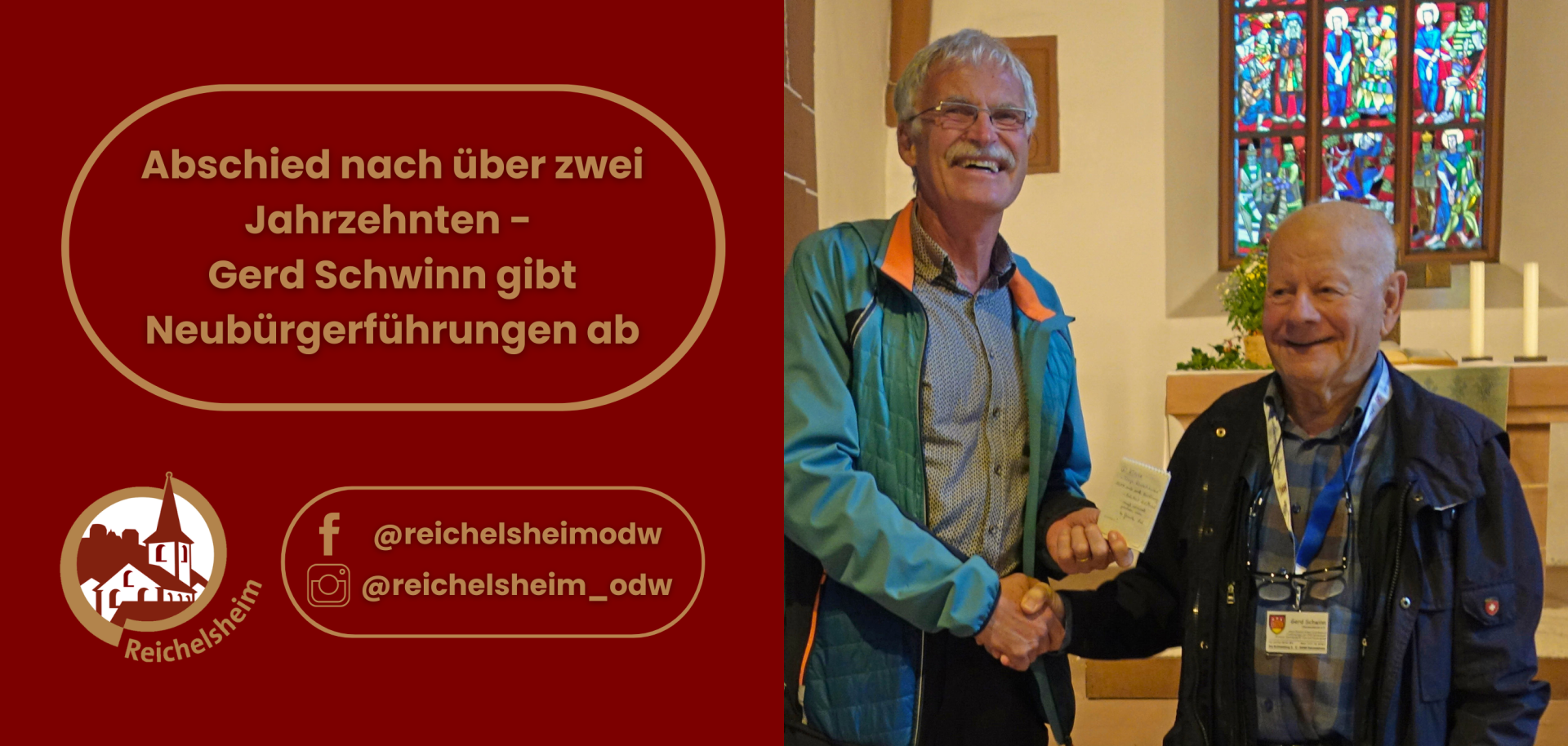 Zweigeteilte Übersicht. Auf der linken Seite ist der Titel des Artikels zu lesen und ein Hinweis auf die Social Media Kanäle der Gemeinde Reichelsheim zu sehen. Auf der rechten Seite ist ein zum Artikel passendes Bild platziert.