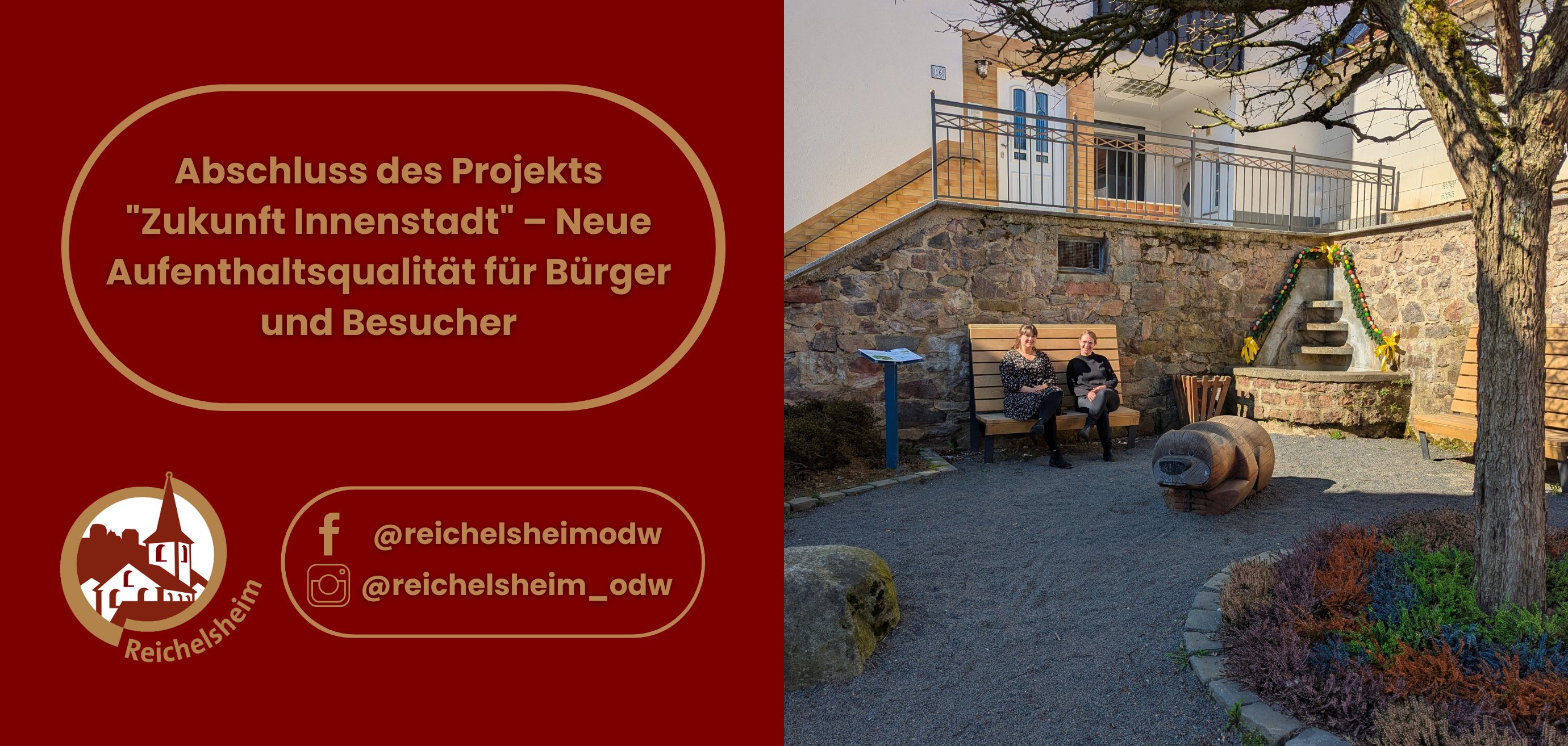 Zweigeteilte Übersicht. Auf der linken Seite ist der Titel des Artikels zu lesen und ein Hinweis auf die Social Media Kanäle der Gemeinde Reichelsheim zu sehen. Auf der rechten Seite ist ein zum Artikel passendes Bild platziert.