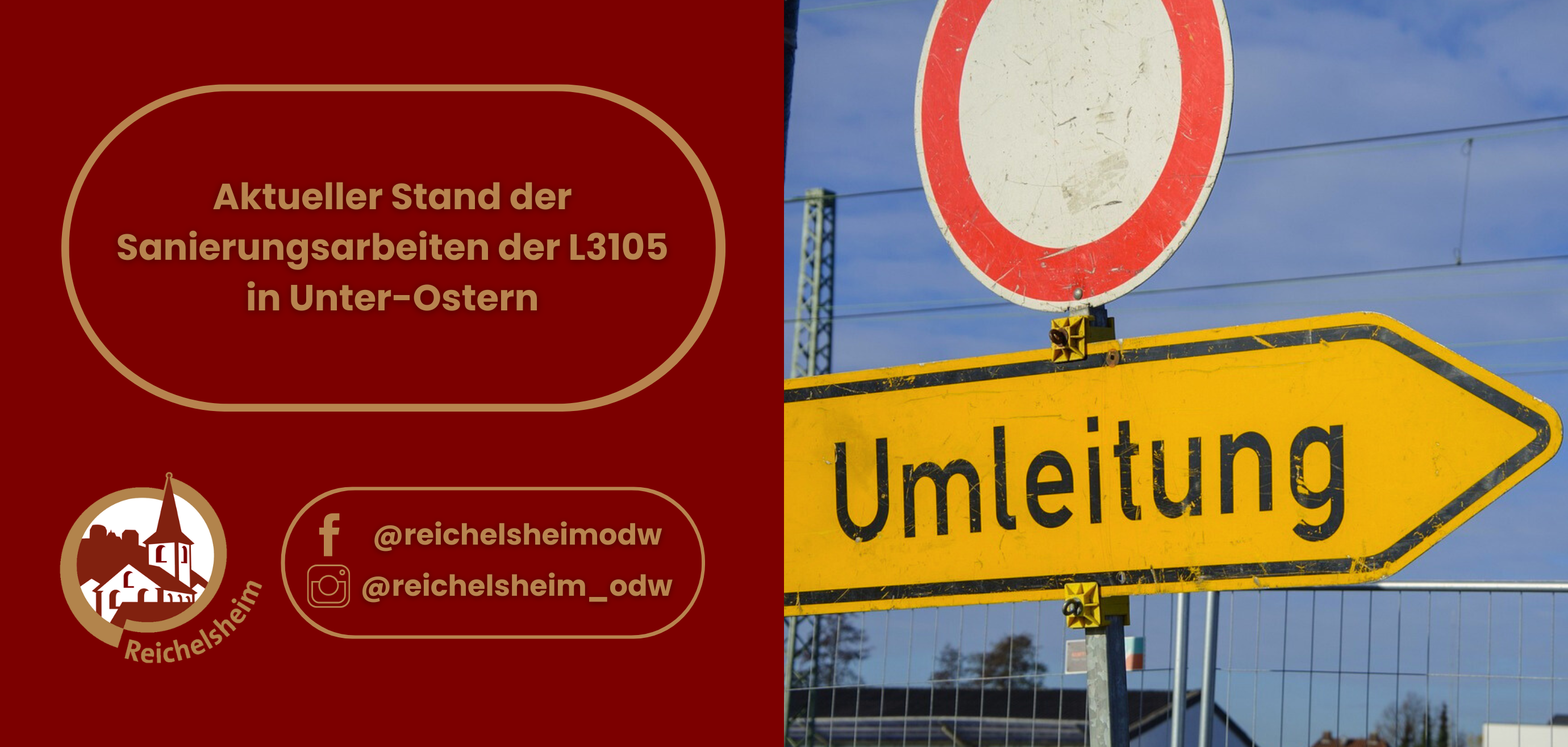 Zweigeteilte Übersicht. Auf der linken Seite ist der Titel des Artikels zu lesen und ein Hinweis auf die Social Media Kanäle der Gemeinde Reichelsheim zu sehen. Auf der rechten Seite ist ein zum Artikel passendes Bild platziert.