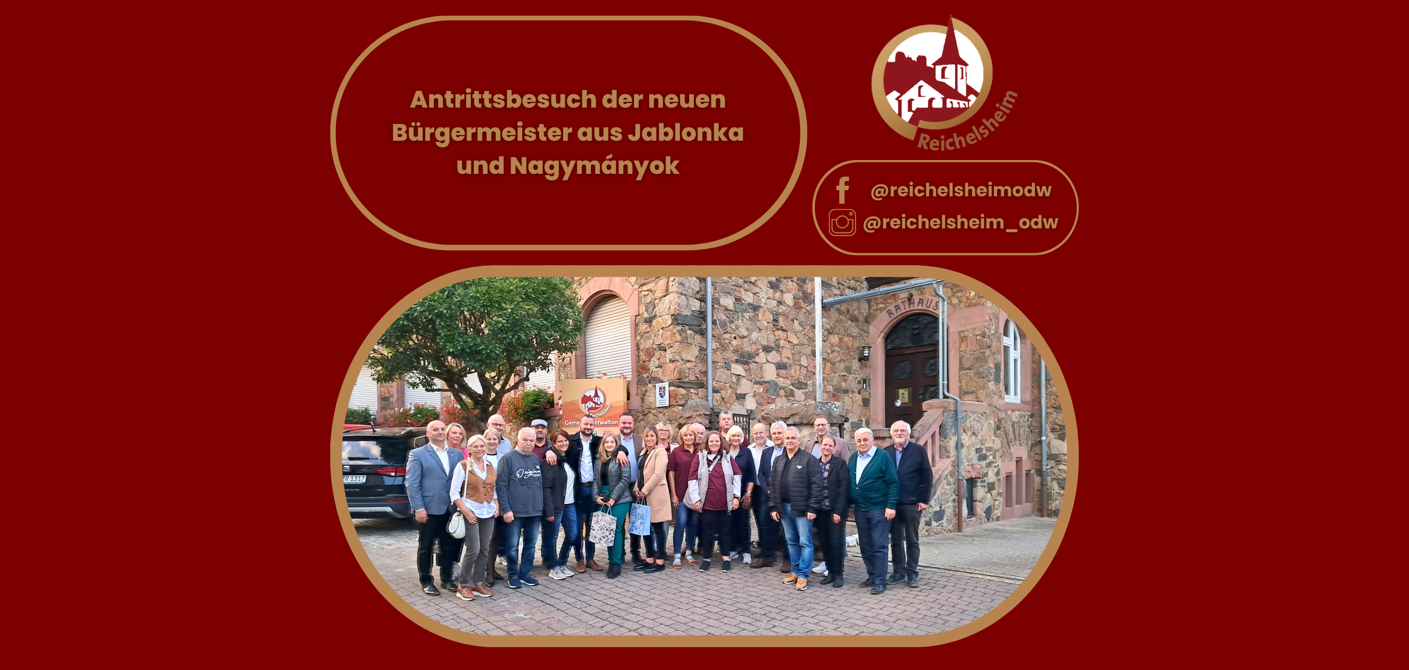 Zweigeteilte Übersicht. Auf der linken Seite ist der Titel des Artikels zu lesen und ein Hinweis auf die Social Media Kanäle der Gemeinde Reichelsheim zu sehen. Auf der rechten Seite ist ein zum Artikel passendes Bild platziert.