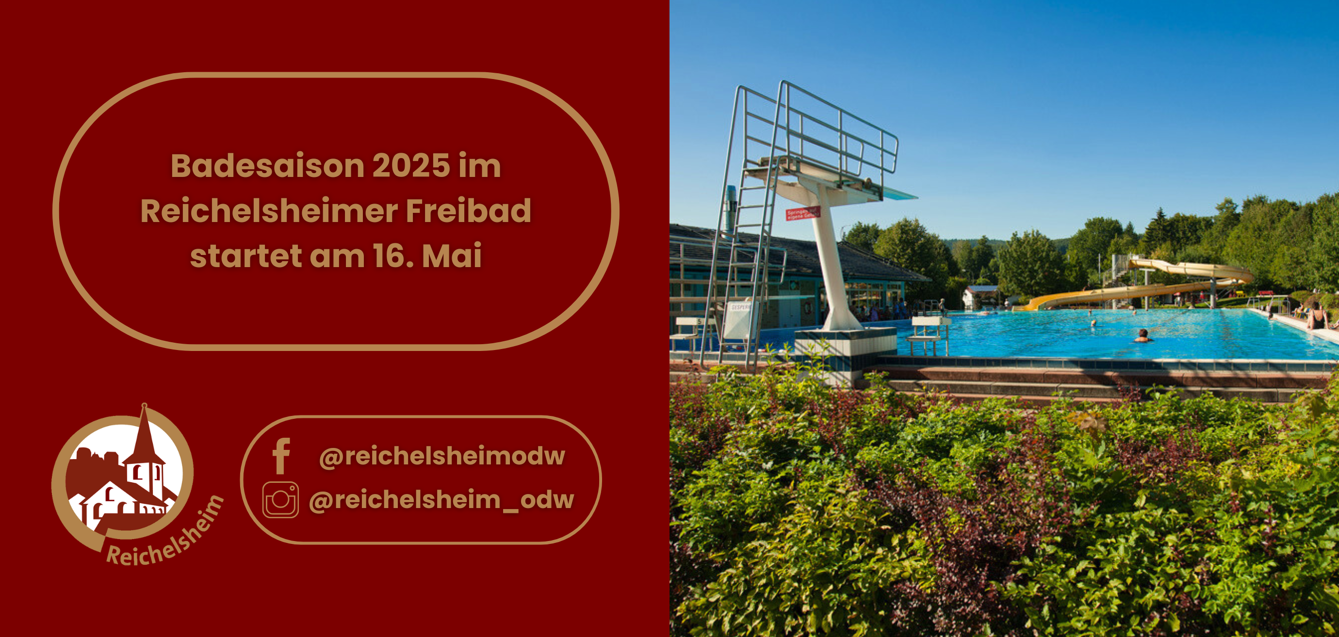 Zweigeteilte Übersicht. Auf der linken Seite ist der Titel des Artikels zu lesen und ein Hinweis auf die Social Media Kanäle der Gemeinde Reichelsheim zu sehen. Auf der rechten Seite ist ein zum Artikel passendes Bild platziert.