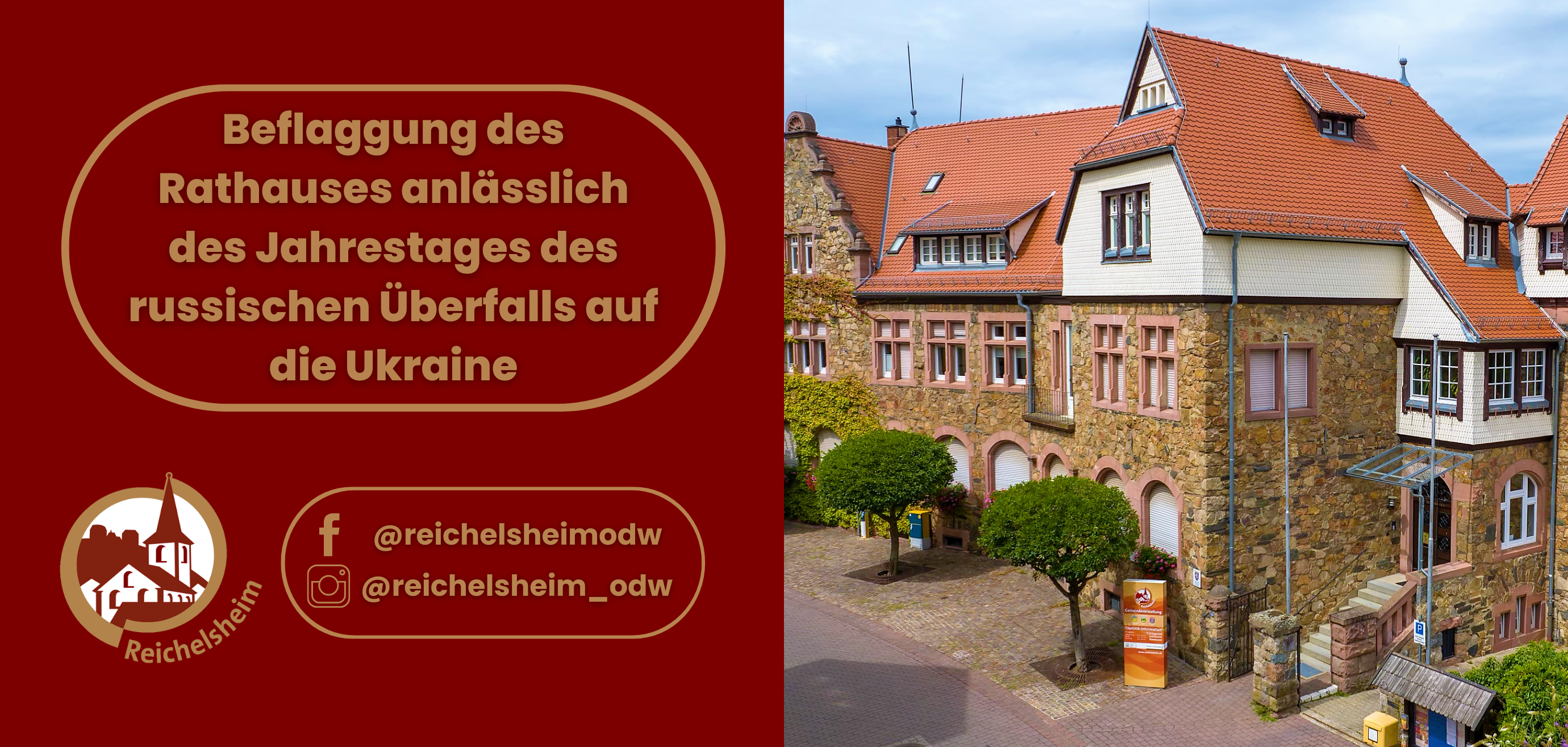 Zweigeteilte Übersicht. Auf der linken Seite ist der Titel des Artikels zu lesen und ein Hinweis auf die Social Media Kanäle der Gemeinde Reichelsheim zu sehen. Auf der rechten Seite ist ein zum Artikel passendes Bild platziert.