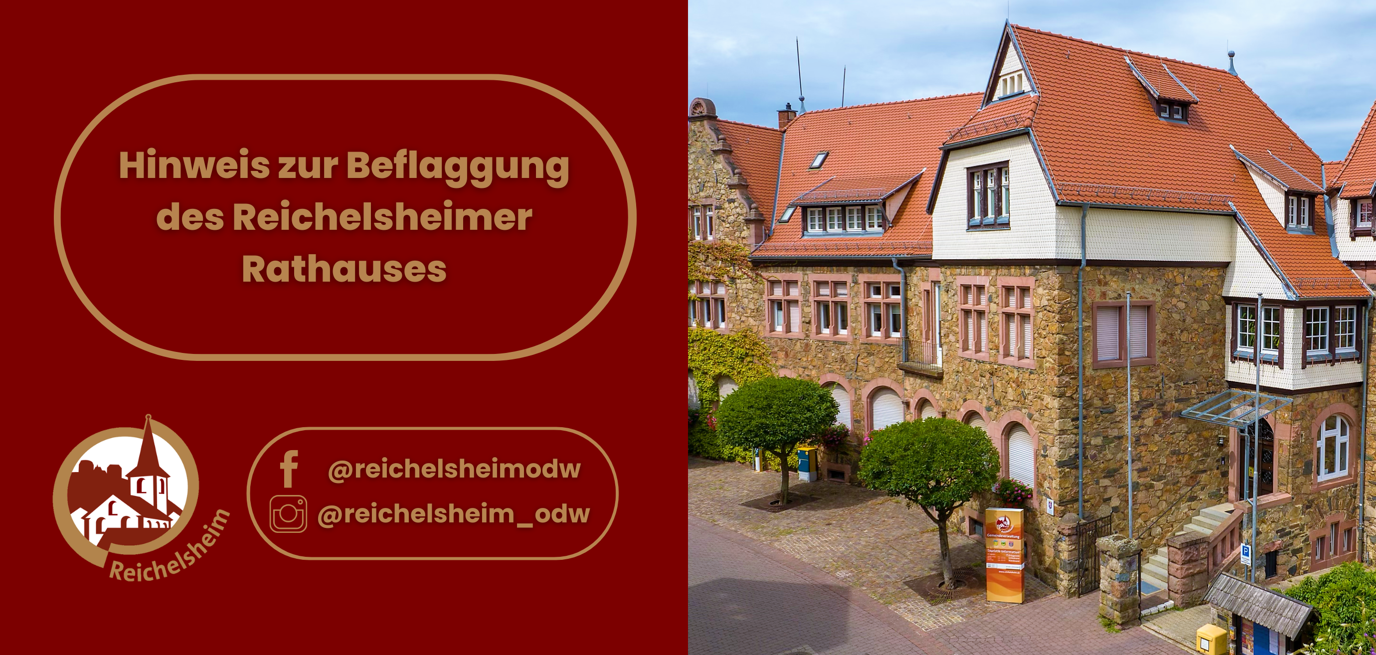 Zweigeteilte Übersicht. Auf der linken Seite ist der Titel des Artikels zu lesen und ein Hinweis auf die Social Media Kanäle der Gemeinde Reichelsheim zu sehen. Auf der rechten Seite ist ein zum Artikel passendes Bild platziert.