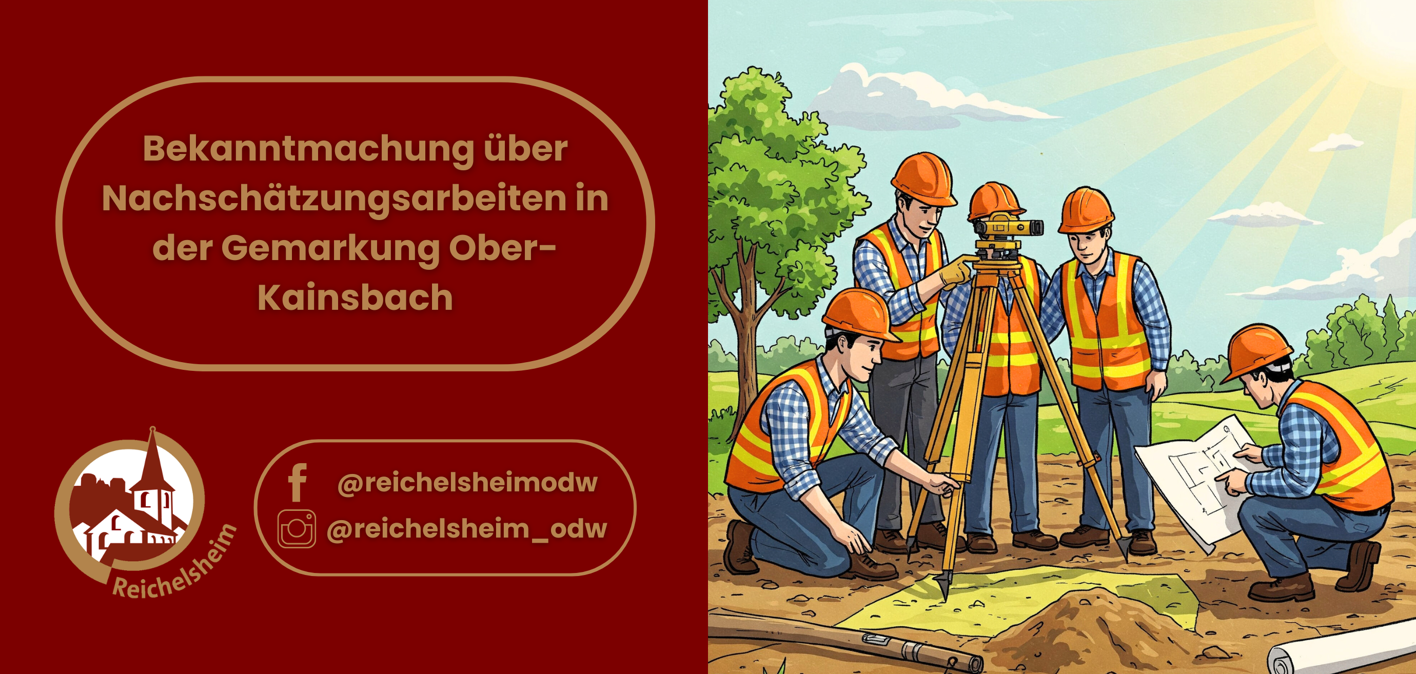 Zweigeteilte Übersicht. Auf der linken Seite ist der Titel des Artikels zu lesen und ein Hinweis auf die Social Media Kanäle der Gemeinde Reichelsheim zu sehen. Auf der rechten Seite ist ein zum Artikel passendes Bild platziert.