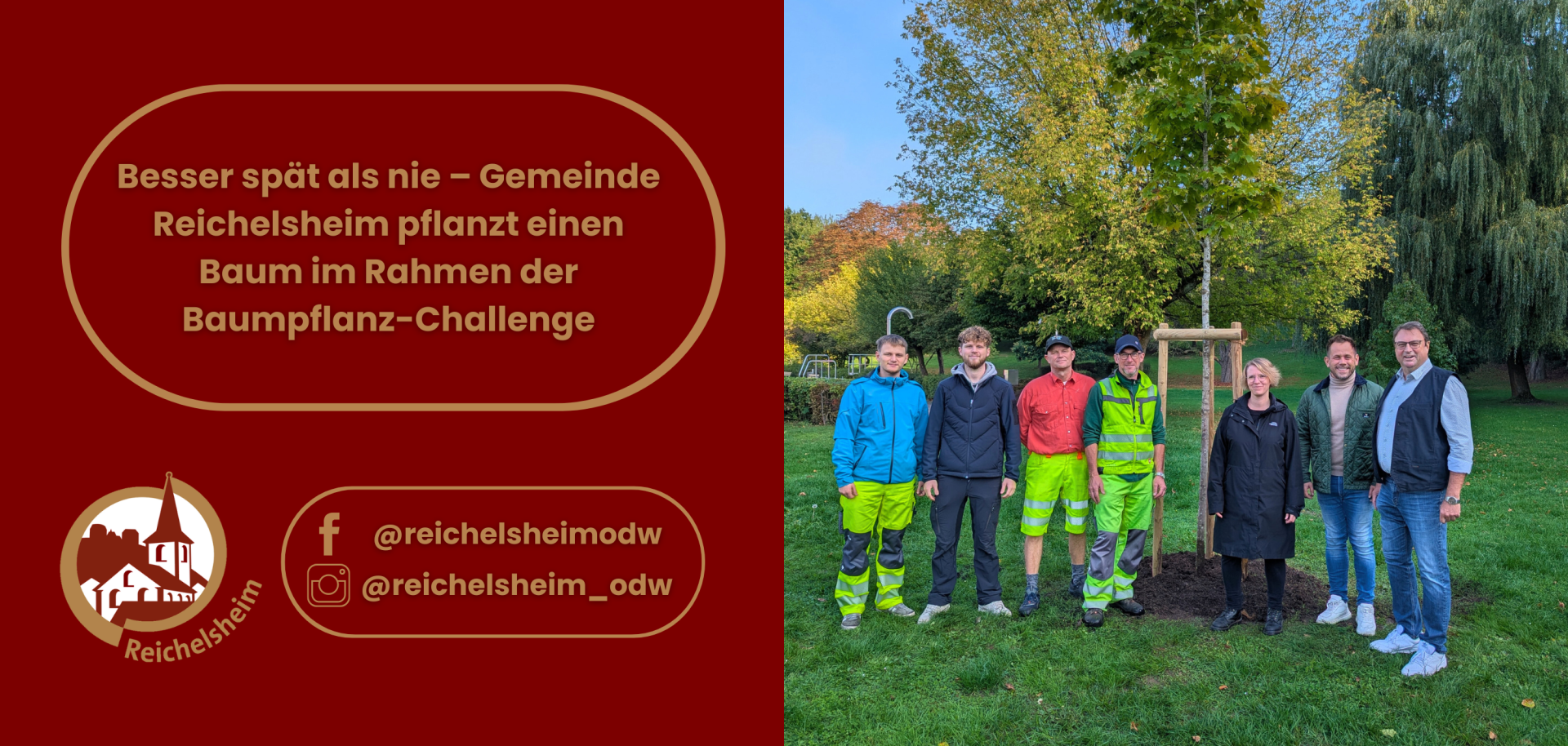 Zweigeteilte Übersicht. Auf der linken Seite ist der Titel des Artikels zu lesen und ein Hinweis auf die Social Media Kanäle der Gemeinde Reichelsheim zu sehen. Auf der rechten Seite ist ein zum Artikel passendes Bild platziert.