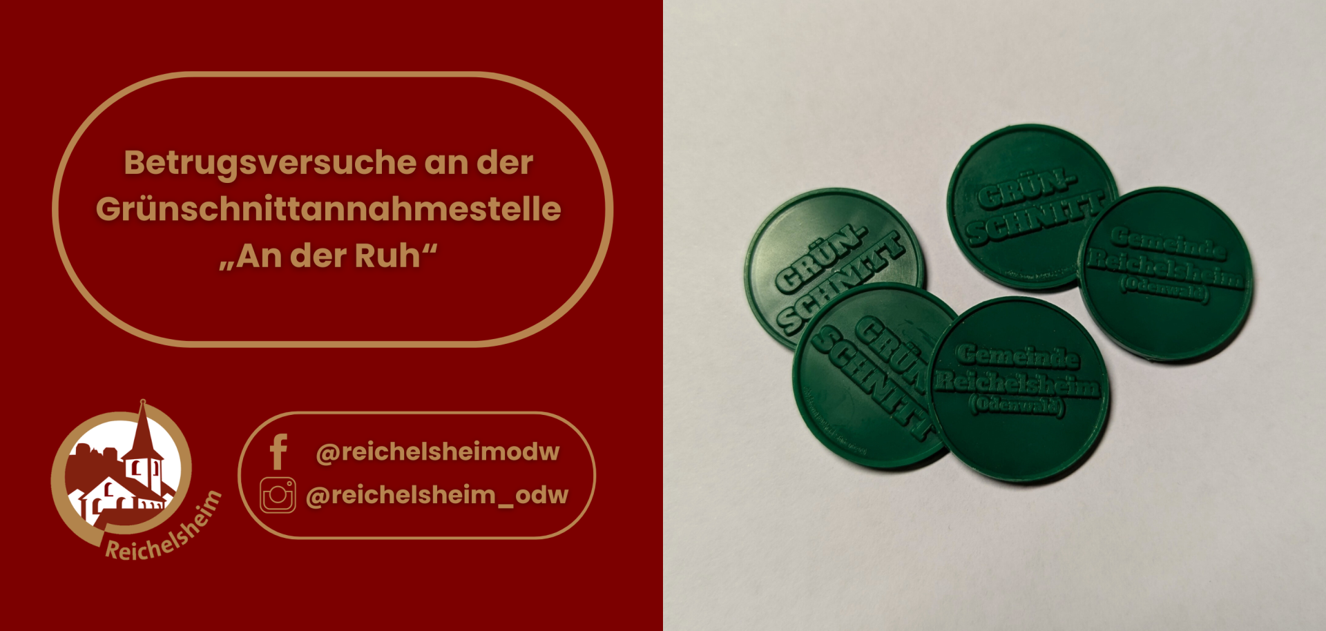 Zweigeteilte Übersicht. Auf der linken Seite ist der Titel des Artikels zu lesen und ein Hinweis auf die Social Media Kanäle der Gemeinde Reichelsheim zu sehen. Auf der rechten Seite ist ein zum Artikel passendes Bild platziert.