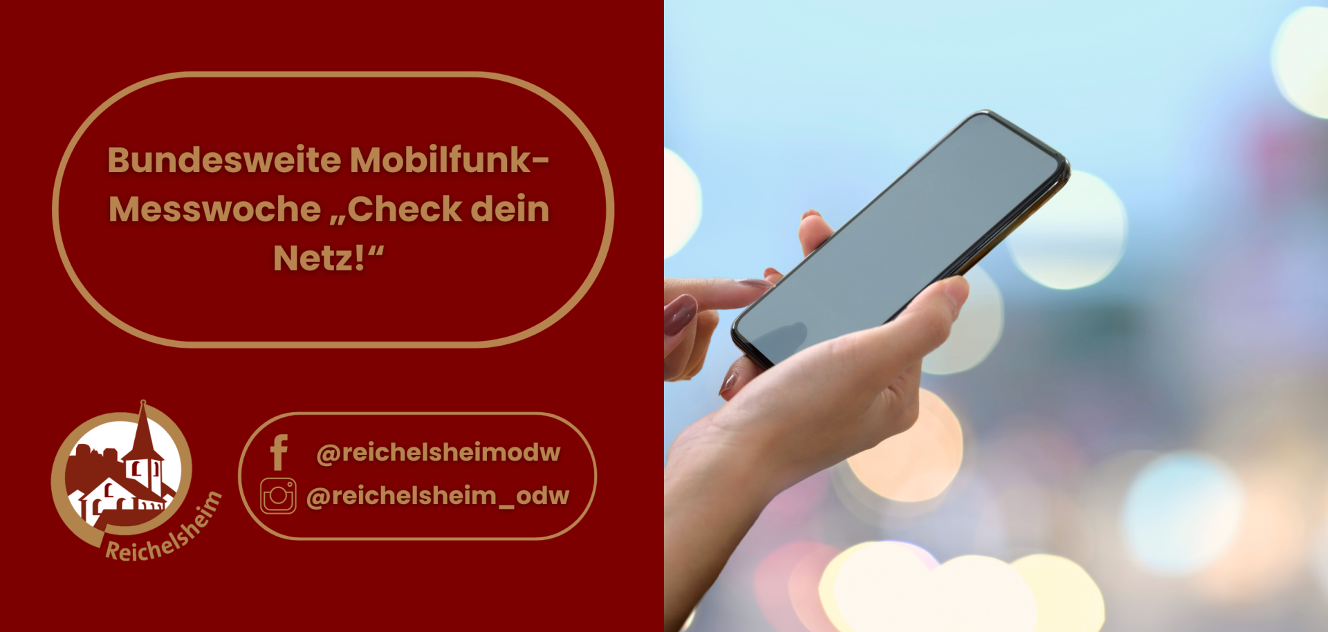 Zweigeteilte Übersicht. Auf der linken Seite ist der Titel des Artikels zu lesen und ein Hinweis auf die Social Media Kanäle der Gemeinde Reichelsheim zu sehen. Auf der rechten Seite ist ein zum Artikel passendes Bild platziert.