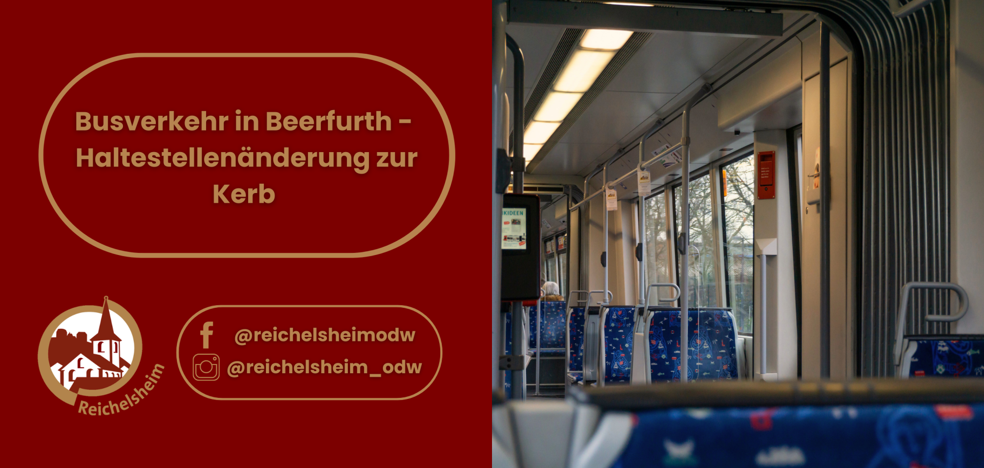 Zweigeteilte Übersicht. Auf der linken Seite ist der Titel des Artikels zu lesen und ein Hinweis auf die Social Media Kanäle der Gemeinde Reichelsheim zu sehen. Auf der rechten Seite ist ein zum Artikel passendes Bild platziert.