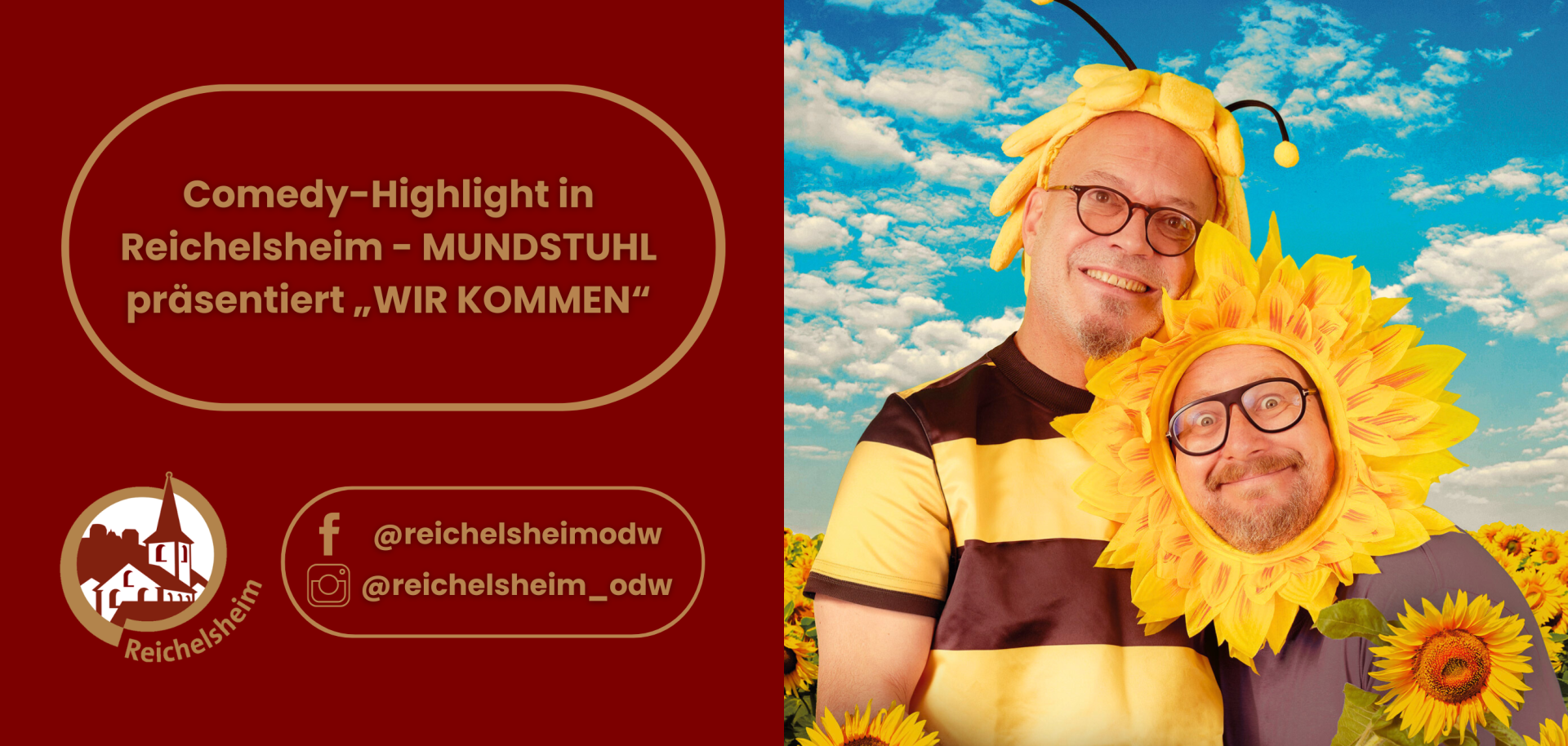 Zweigeteilte Übersicht. Auf der linken Seite ist der Titel des Artikels zu lesen und ein Hinweis auf die Social Media Kanäle der Gemeinde Reichelsheim zu sehen. Auf der rechten Seite ist ein zum Artikel passendes Bild platziert.