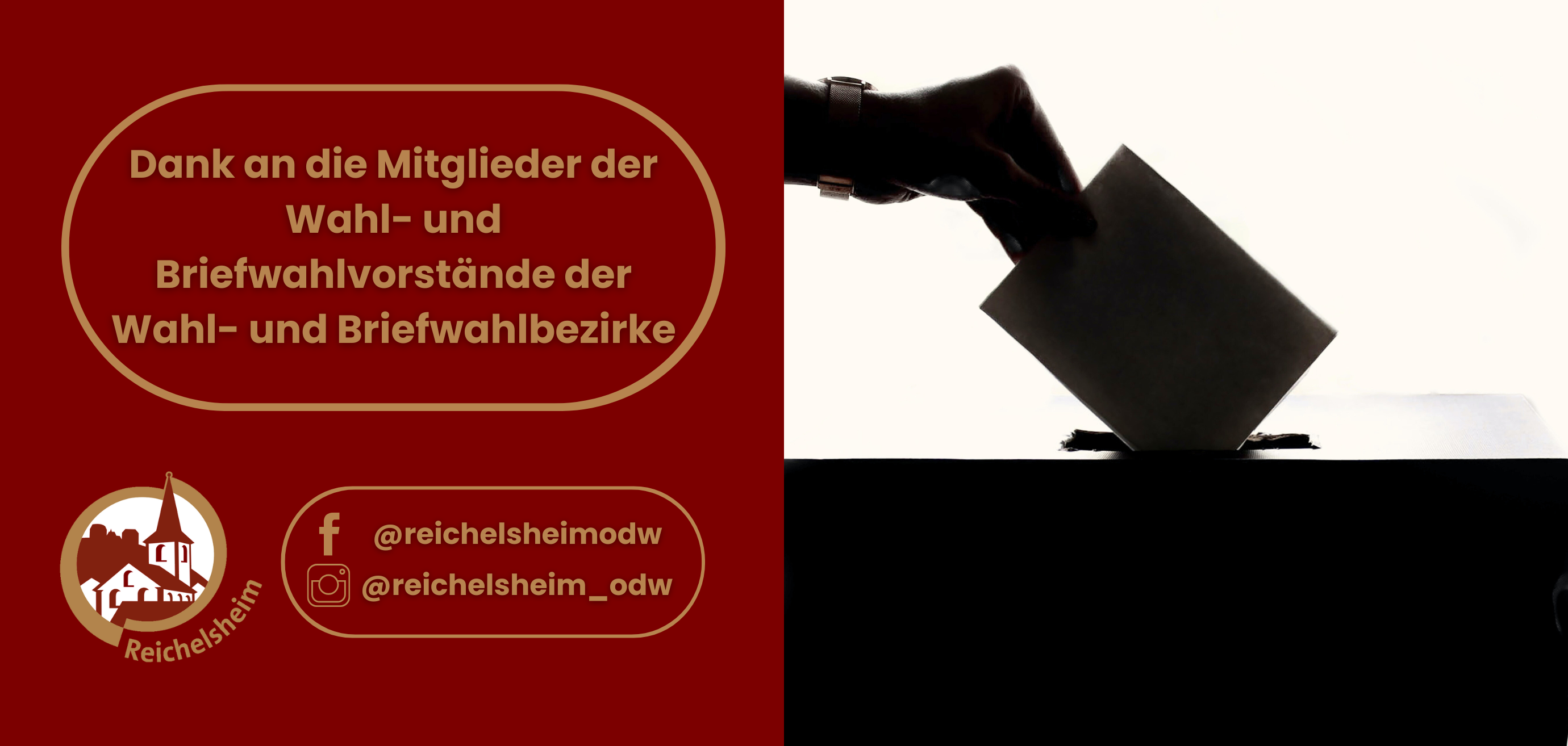 Zweigeteilte Übersicht. Auf der linken Seite ist der Titel des Artikels zu lesen und ein Hinweis auf die Social Media Kanäle der Gemeinde Reichelsheim zu sehen. Auf der rechten Seite ist ein zum Artikel passendes Bild platziert.