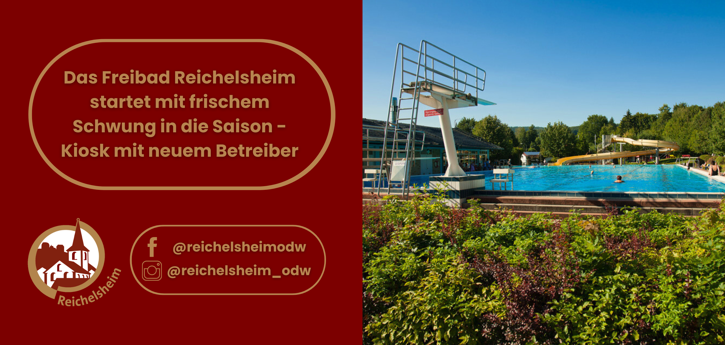 Zweigeteilte Übersicht. Auf der linken Seite ist der Titel des Artikels zu lesen und ein Hinweis auf die Social Media Kanäle der Gemeinde Reichelsheim zu sehen. Auf der rechten Seite ist ein zum Artikel passendes Bild platziert.