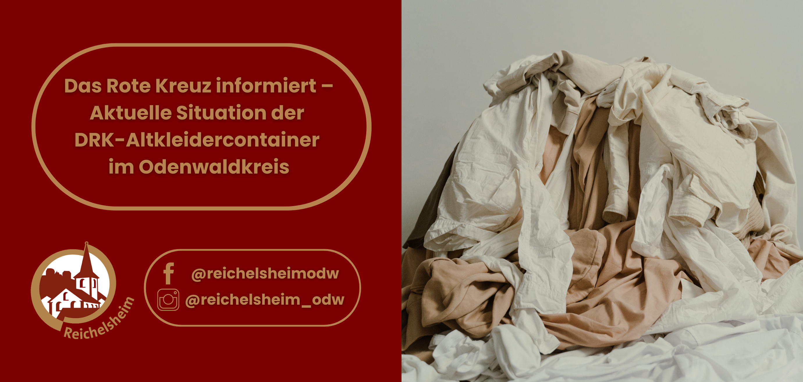 Zweigeteilte Übersicht. Auf der linken Seite ist der Titel des Artikels zu lesen und ein Hinweis auf die Social Media Kanäle der Gemeinde Reichelsheim zu sehen. Auf der rechten Seite ist ein zum Artikel passendes Bild platziert.