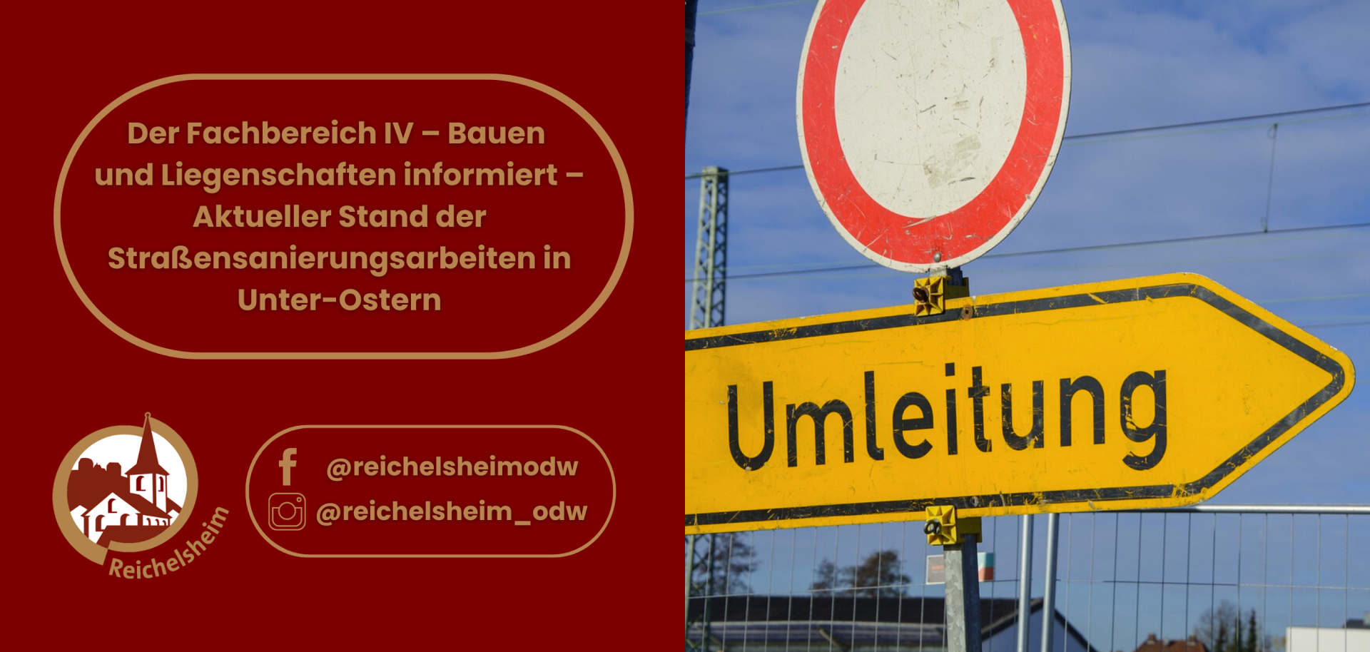 Zweigeteilte Übersicht. Auf der linken Seite ist der Titel des Artikels zu lesen und ein Hinweis auf die Social Media Kanäle der Gemeinde Reichelsheim zu sehen. Auf der rechten Seite ist ein zum Artikel passendes Bild platziert.