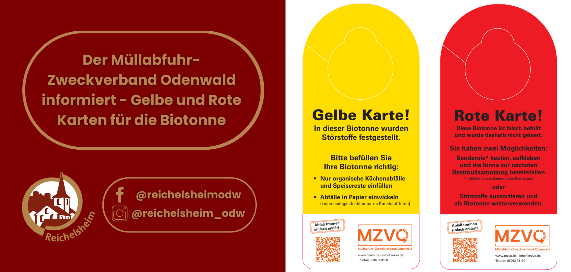 Zweigeteilte Übersicht. Auf der linken Seite ist der Titel des Artikels zu lesen und ein Hinweis auf die Social Media Kanäle der Gemeinde Reichelsheim zu sehen. Auf der rechten Seite ist ein zum Artikel passendes Bild platziert.