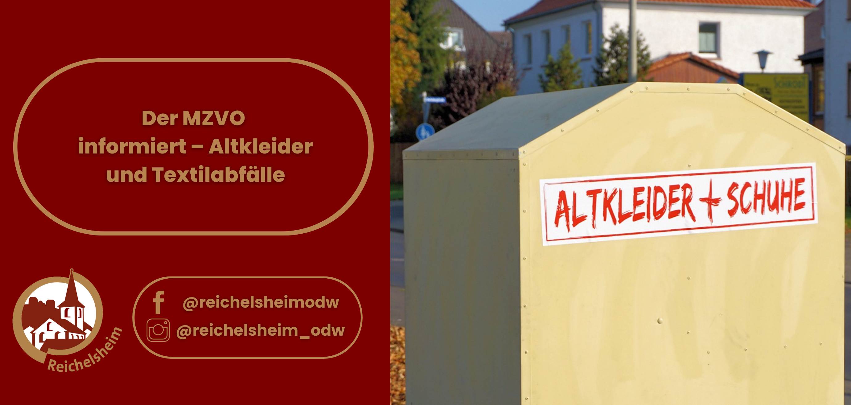 Zweigeteilte Übersicht. Auf der linken Seite ist der Titel des Artikels zu lesen und ein Hinweis auf die Social Media Kanäle der Gemeinde Reichelsheim zu sehen. Auf der rechten Seite ist ein zum Artikel passendes Bild platziert.