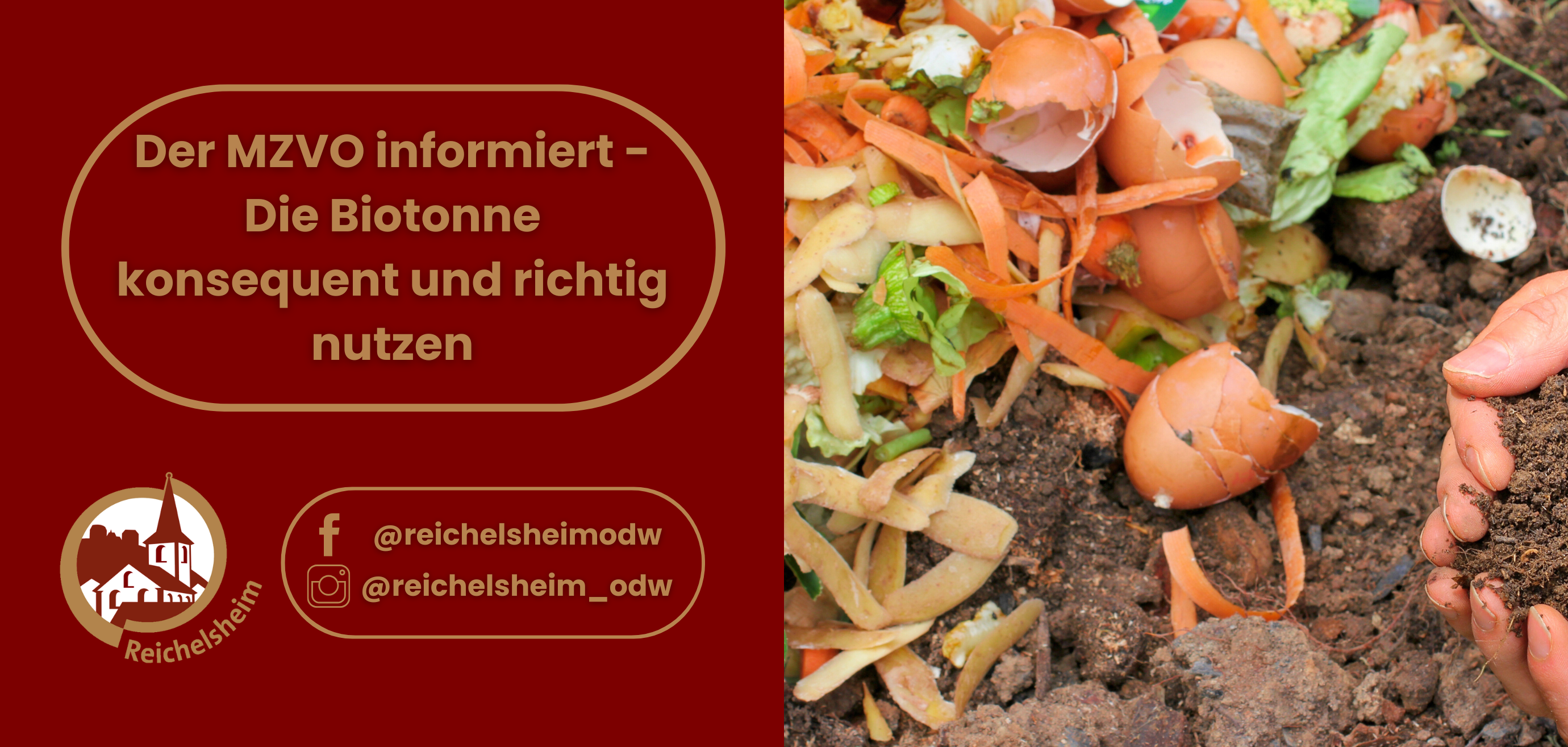 Zweigeteilte Übersicht. Auf der linken Seite ist der Titel des Artikels zu lesen und ein Hinweis auf die Social Media Kanäle der Gemeinde Reichelsheim zu sehen. Auf der rechten Seite ist ein zum Artikel passendes Bild platziert.