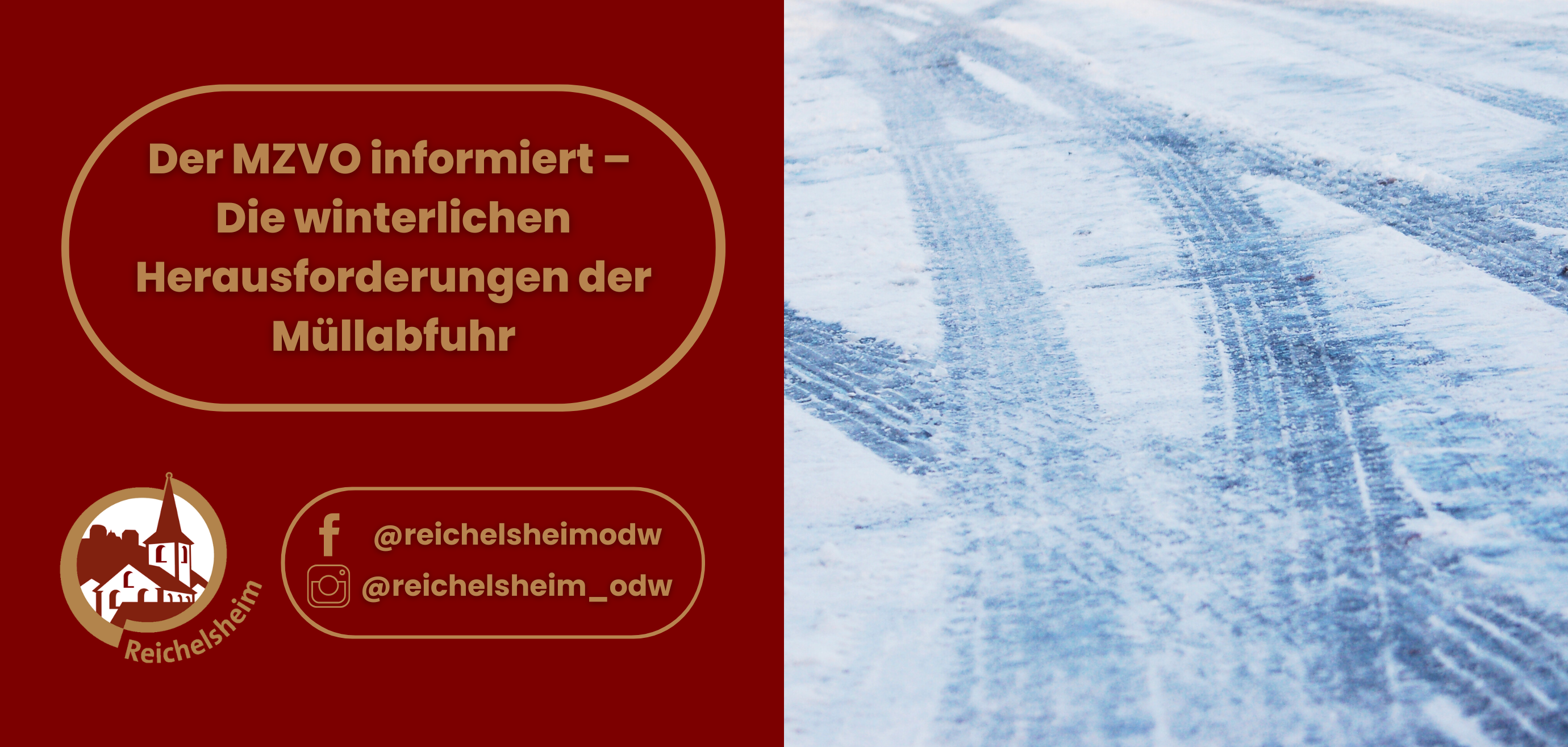 Zweigeteilte Übersicht. Auf der linken Seite ist der Titel des Artikels zu lesen und ein Hinweis auf die Social Media Kanäle der Gemeinde Reichelsheim zu sehen. Auf der rechten Seite ist ein zum Artikel passendes Bild platziert.