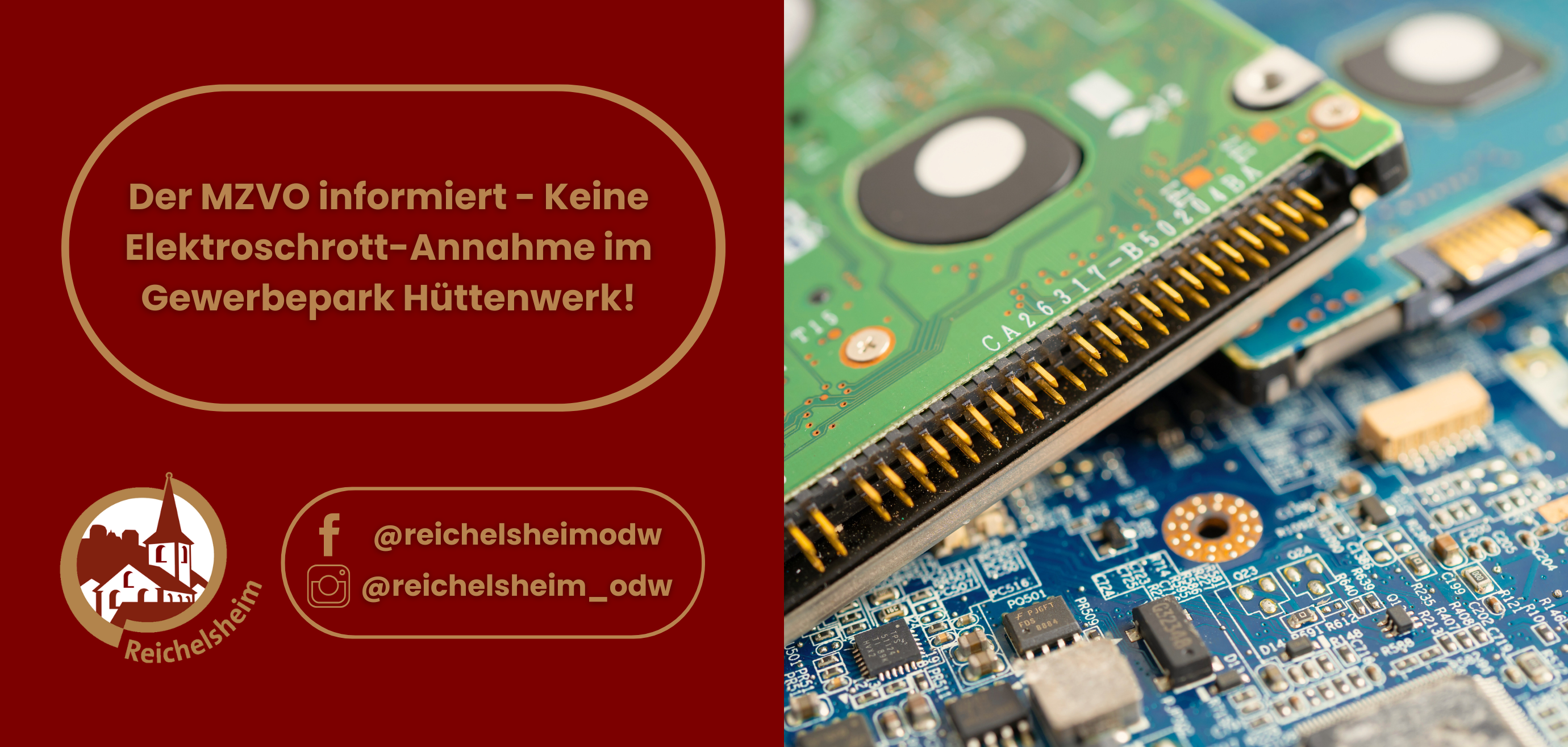 Zweigeteilte Übersicht. Auf der linken Seite ist der Titel des Artikels zu lesen und ein Hinweis auf die Social Media Kanäle der Gemeinde Reichelsheim zu sehen. Auf der rechten Seite ist ein zum Artikel passendes Bild platziert.