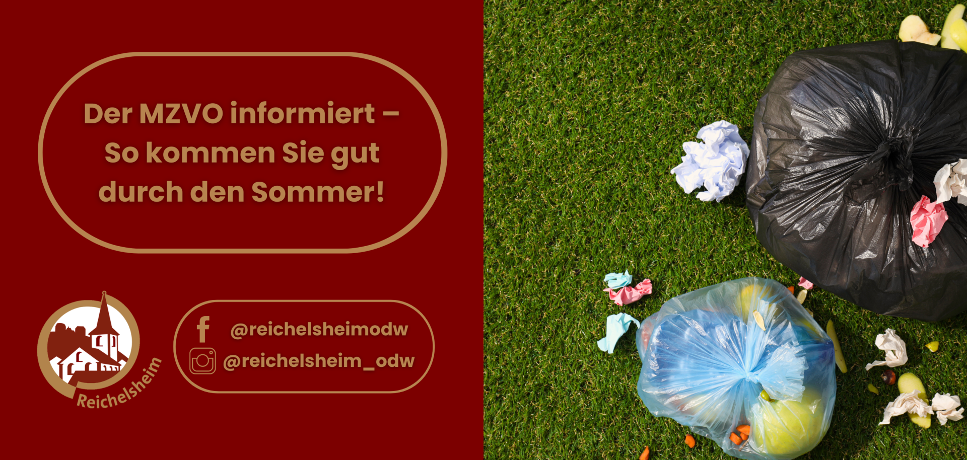 Zweigeteilte Übersicht. Auf der linken Seite ist der Titel des Artikels zu lesen und ein Hinweis auf die Social Media Kanäle der Gemeinde Reichelsheim zu sehen. Auf der rechten Seite ist ein zum Artikel passendes Bild platziert.