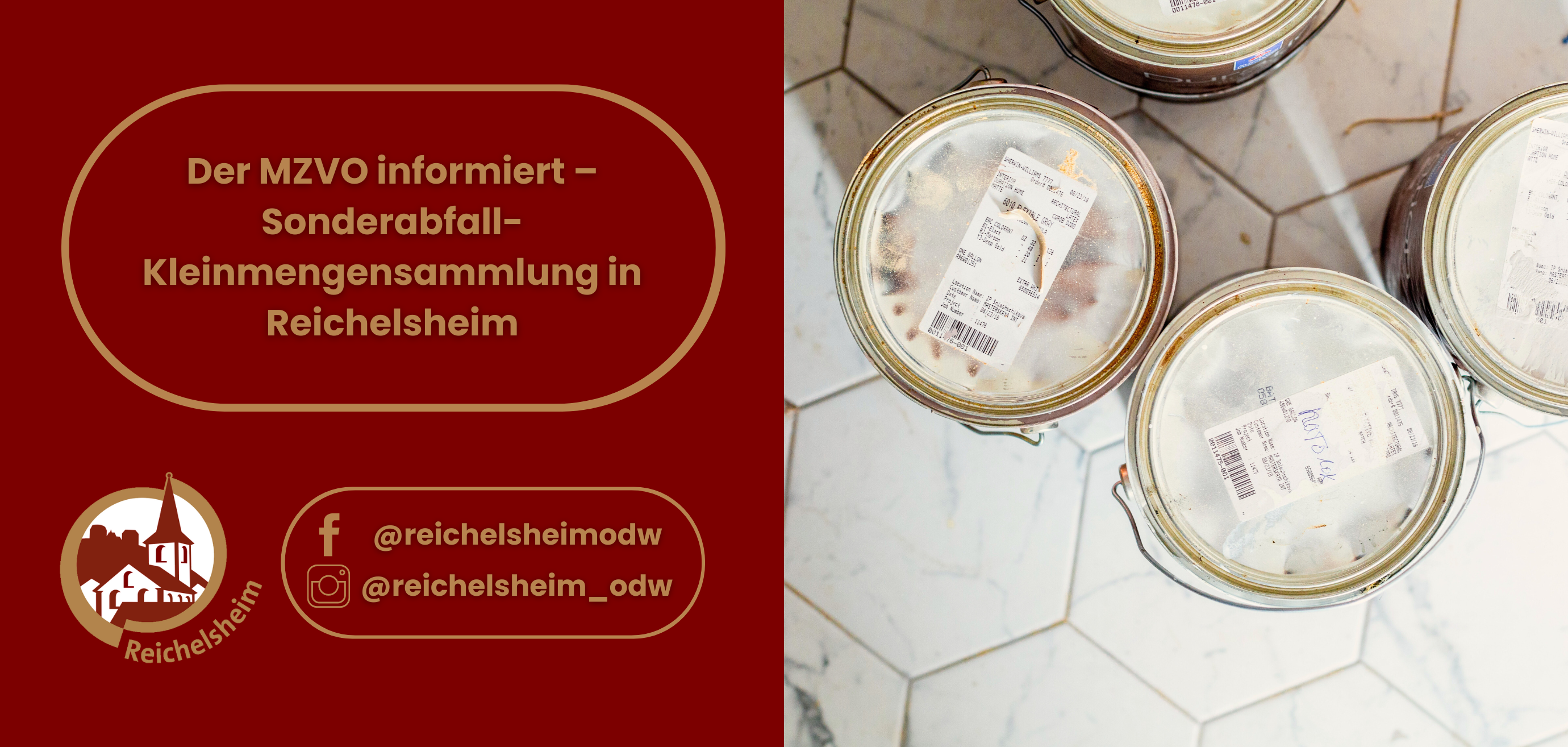 Zweigeteilte Übersicht. Auf der linken Seite ist der Titel des Artikels zu lesen und ein Hinweis auf die Social Media Kanäle der Gemeinde Reichelsheim zu sehen. Auf der rechten Seite ist ein zum Artikel passendes Bild platziert.