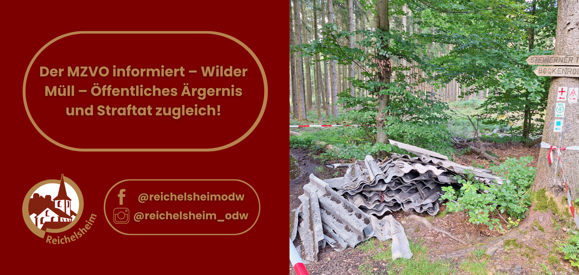 Zweigeteilte Übersicht. Auf der linken Seite ist der Titel des Artikels zu lesen und ein Hinweis auf die Social Media Kanäle der Gemeinde Reichelsheim zu sehen. Auf der rechten Seite ist ein zum Artikel passendes Bild platziert.