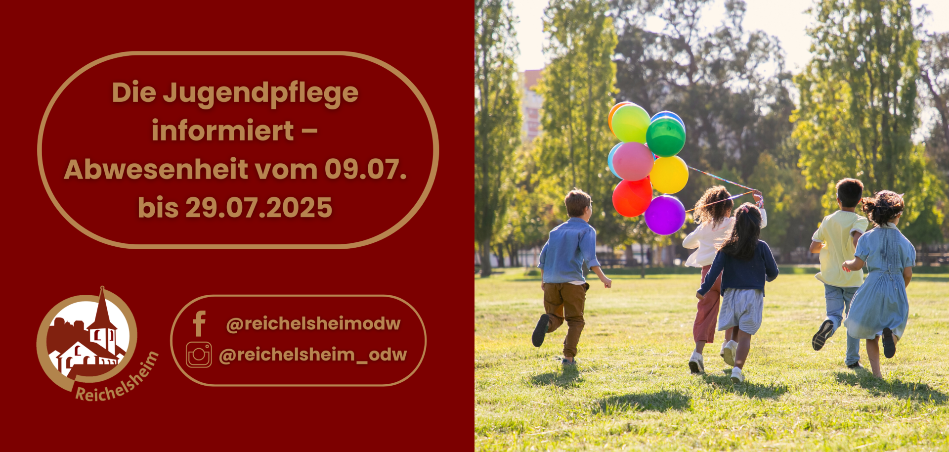 Zweigeteilte Übersicht. Auf der linken Seite ist der Titel des Artikels zu lesen und ein Hinweis auf die Social Media Kanäle der Gemeinde Reichelsheim zu sehen. Auf der rechten Seite ist ein zum Artikel passendes Bild platziert.