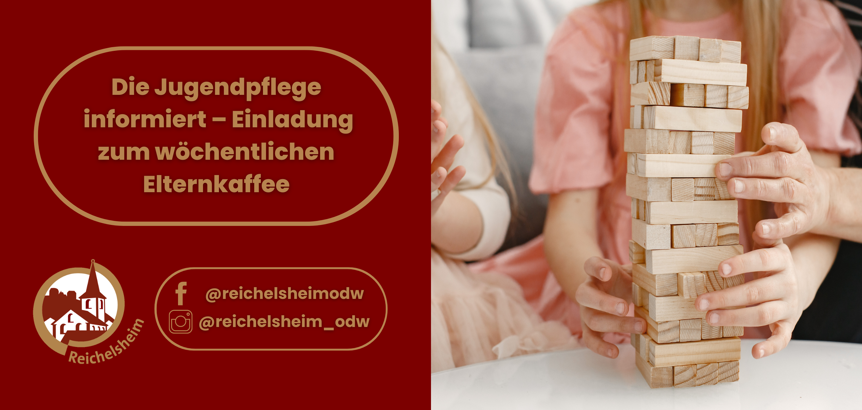 Zweigeteilte Übersicht. Auf der linken Seite ist der Titel des Artikels zu lesen und ein Hinweis auf die Social Media Kanäle der Gemeinde Reichelsheim zu sehen. Auf der rechten Seite ist ein zum Artikel passendes Bild platziert.