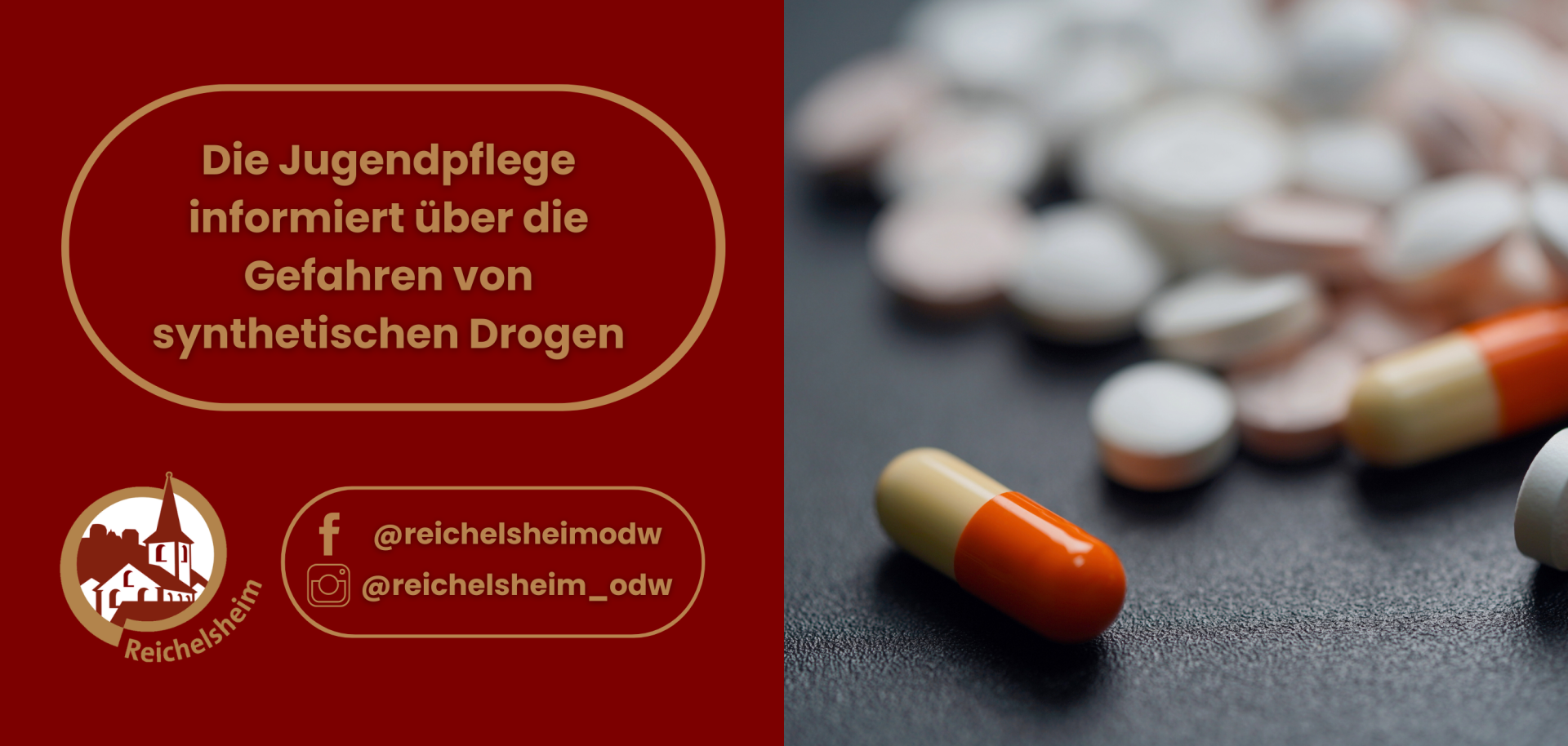 Zweigeteilte Übersicht. Auf der linken Seite ist der Titel des Artikels zu lesen und ein Hinweis auf die Social Media Kanäle der Gemeinde Reichelsheim zu sehen. Auf der rechten Seite ist ein zum Artikel passendes Bild platziert.