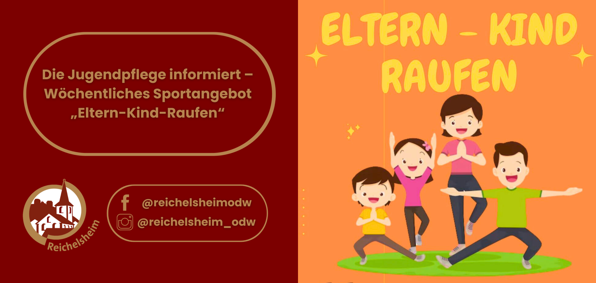 Zweigeteilte Übersicht. Auf der linken Seite ist der Titel des Artikels zu lesen und ein Hinweis auf die Social Media Kanäle der Gemeinde Reichelsheim zu sehen. Auf der rechten Seite ist ein zum Artikel passendes Bild platziert.