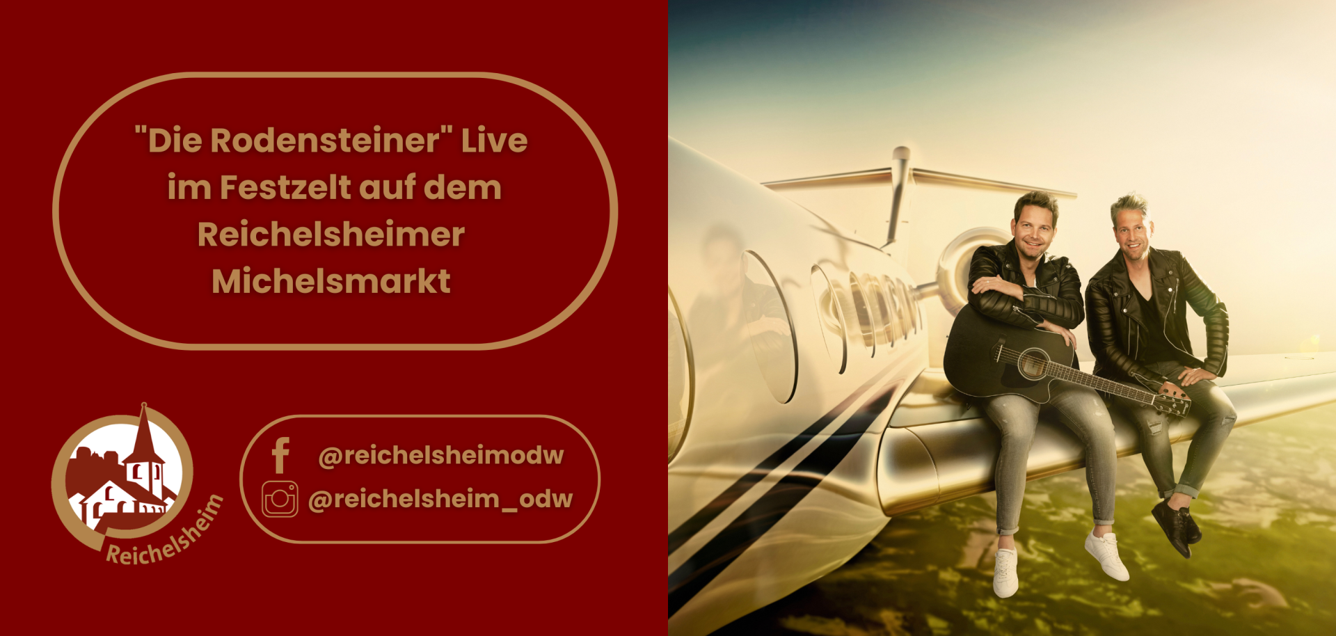 Zweigeteilte Übersicht. Auf der linken Seite ist der Titel des Artikels zu lesen und ein Hinweis auf die Social Media Kanäle der Gemeinde Reichelsheim zu sehen. Auf der rechten Seite ist ein zum Artikel passendes Bild platziert.