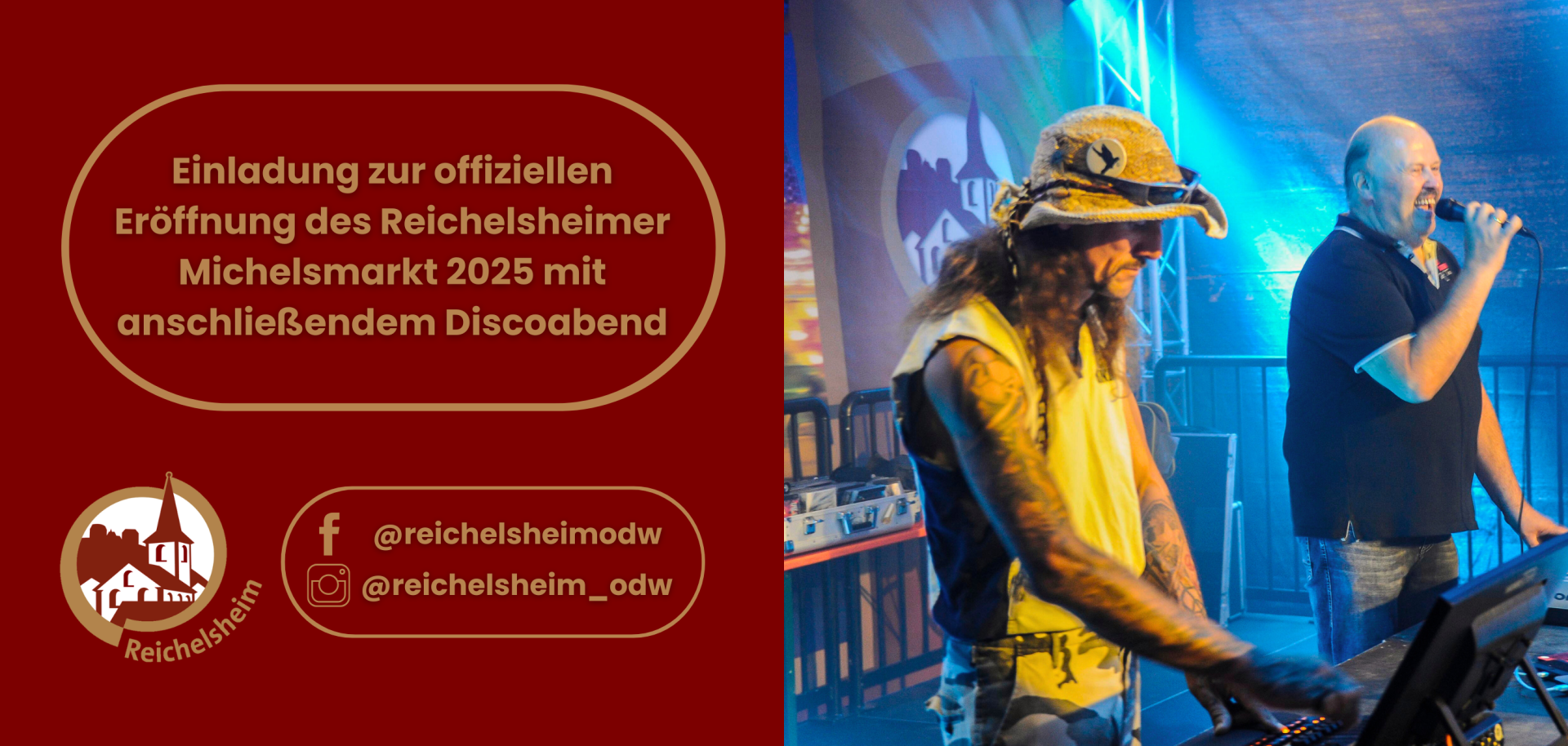 Zweigeteilte Übersicht. Auf der linken Seite ist der Titel des Artikels zu lesen und ein Hinweis auf die Social Media Kanäle der Gemeinde Reichelsheim zu sehen. Auf der rechten Seite ist ein zum Artikel passendes Bild platziert.