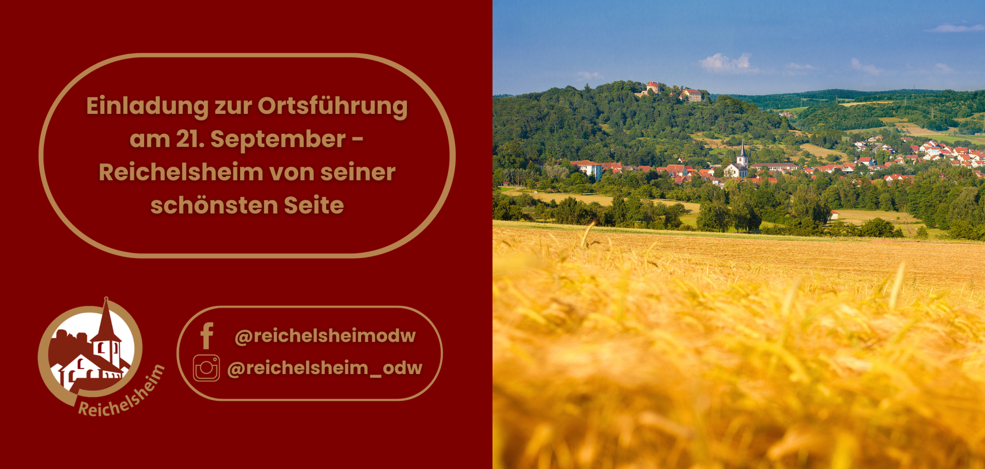 Zweigeteilte Übersicht. Auf der linken Seite ist der Titel des Artikels zu lesen und ein Hinweis auf die Social Media Kanäle der Gemeinde Reichelsheim zu sehen. Auf der rechten Seite ist ein zum Artikel passendes Bild platziert.
