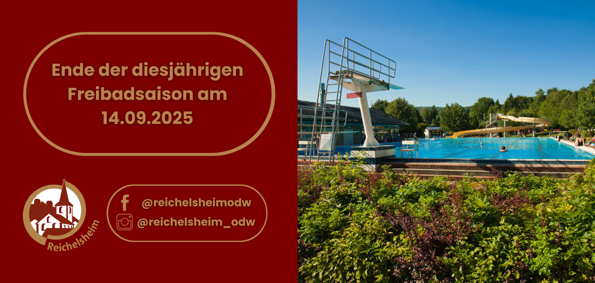 Zweigeteilte Übersicht. Auf der linken Seite ist der Titel des Artikels zu lesen und ein Hinweis auf die Social Media Kanäle der Gemeinde Reichelsheim zu sehen. Auf der rechten Seite ist ein zum Artikel passendes Bild platziert.