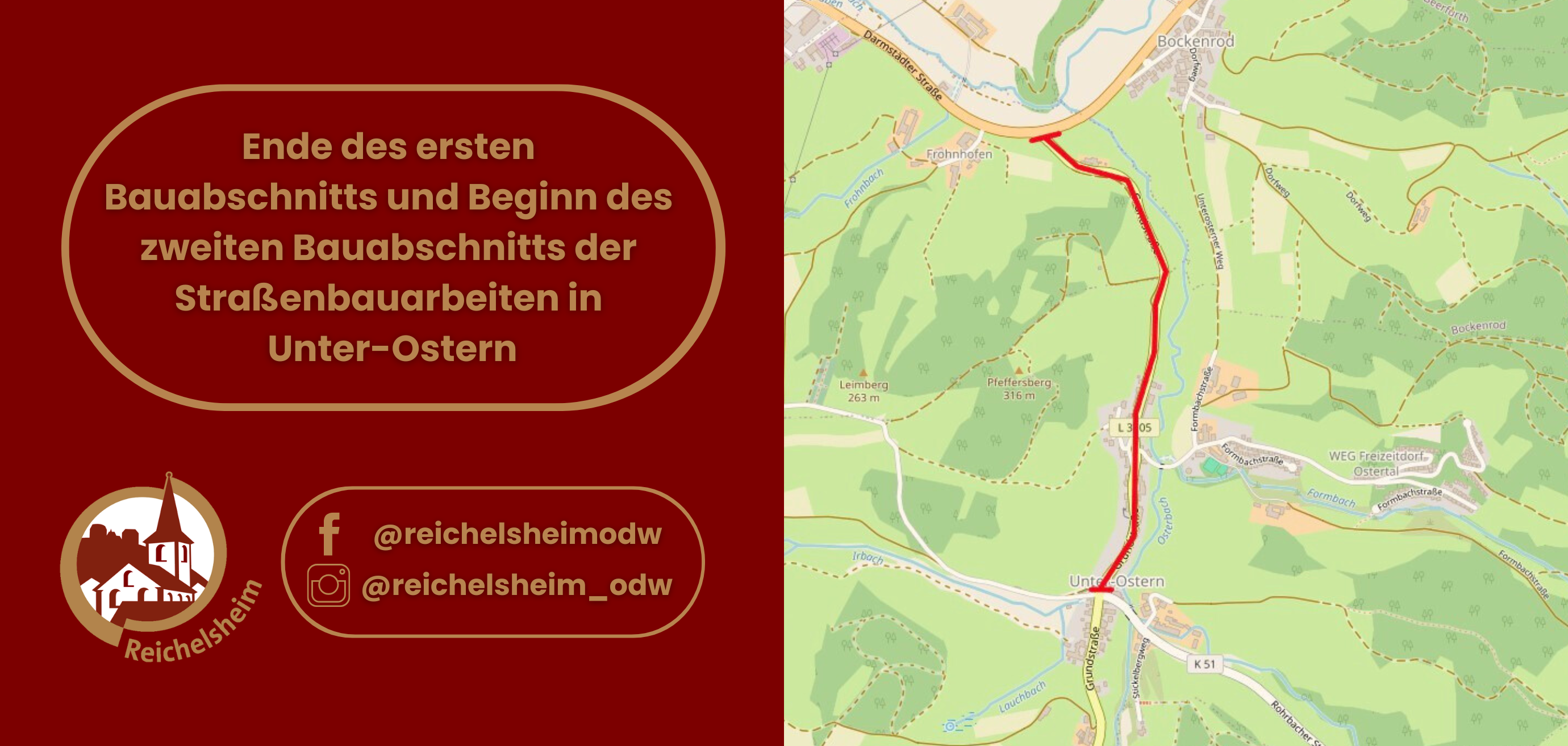 Zweigeteilte Übersicht. Auf der linken Seite ist der Titel des Artikels zu lesen und ein Hinweis auf die Social Media Kanäle der Gemeinde Reichelsheim zu sehen. Auf der rechten Seite ist ein zum Artikel passendes Bild platziert.