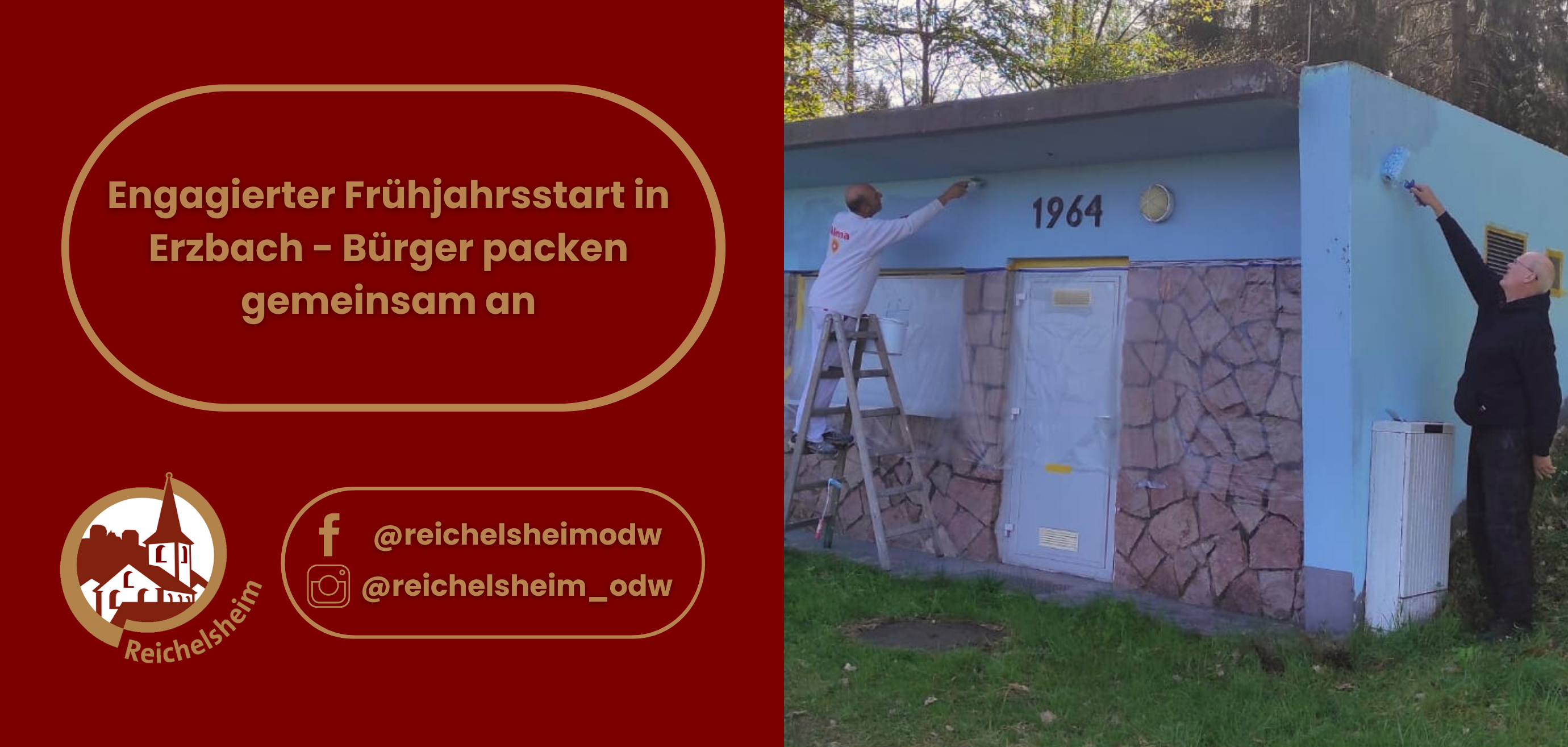 Zweigeteilte Übersicht. Auf der linken Seite ist der Titel des Artikels zu lesen und ein Hinweis auf die Social Media Kanäle der Gemeinde Reichelsheim zu sehen. Auf der rechten Seite ist ein zum Artikel passendes Bild platziert.