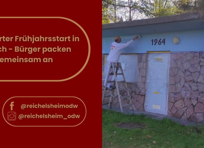 Zweigeteilte Übersicht. Auf der linken Seite ist der Titel des Artikels zu lesen und ein Hinweis auf die Social Media Kanäle der Gemeinde Reichelsheim zu sehen. Auf der rechten Seite ist ein zum Artikel passendes Bild platziert.