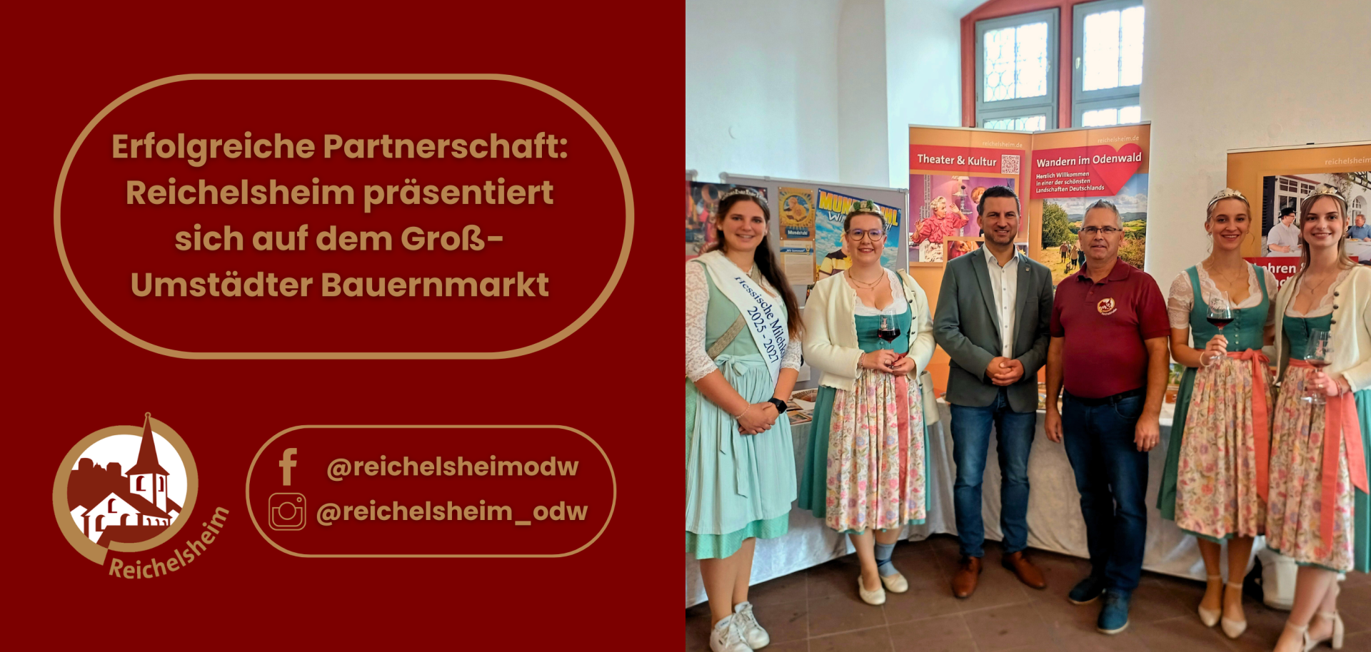 Zweigeteilte Übersicht. Auf der linken Seite ist der Titel des Artikels zu lesen und ein Hinweis auf die Social Media Kanäle der Gemeinde Reichelsheim zu sehen. Auf der rechten Seite ist ein zum Artikel passendes Bild platziert.