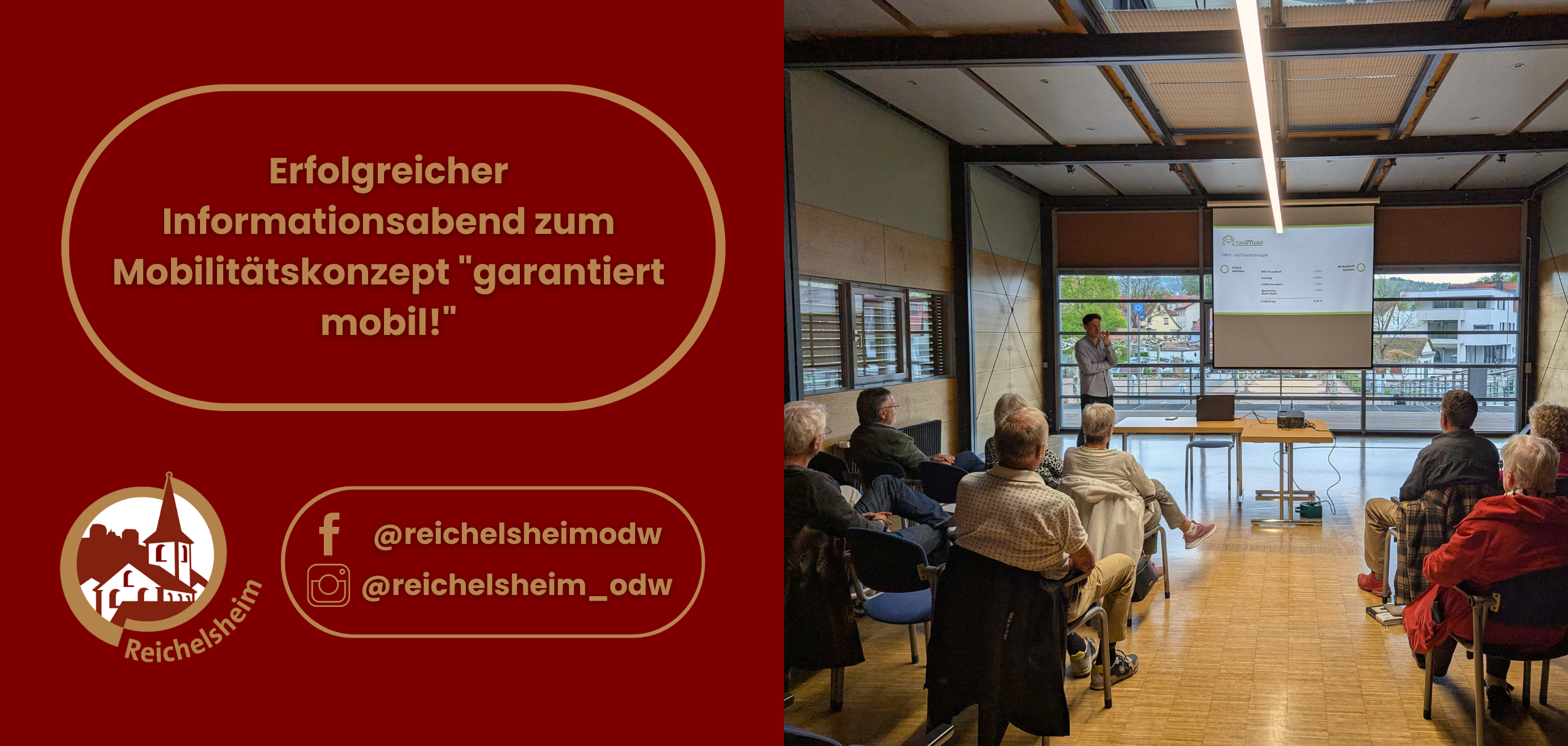 Zweigeteilte Übersicht. Auf der linken Seite ist der Titel des Artikels zu lesen und ein Hinweis auf die Social Media Kanäle der Gemeinde Reichelsheim zu sehen. Auf der rechten Seite ist ein zum Artikel passendes Bild platziert.