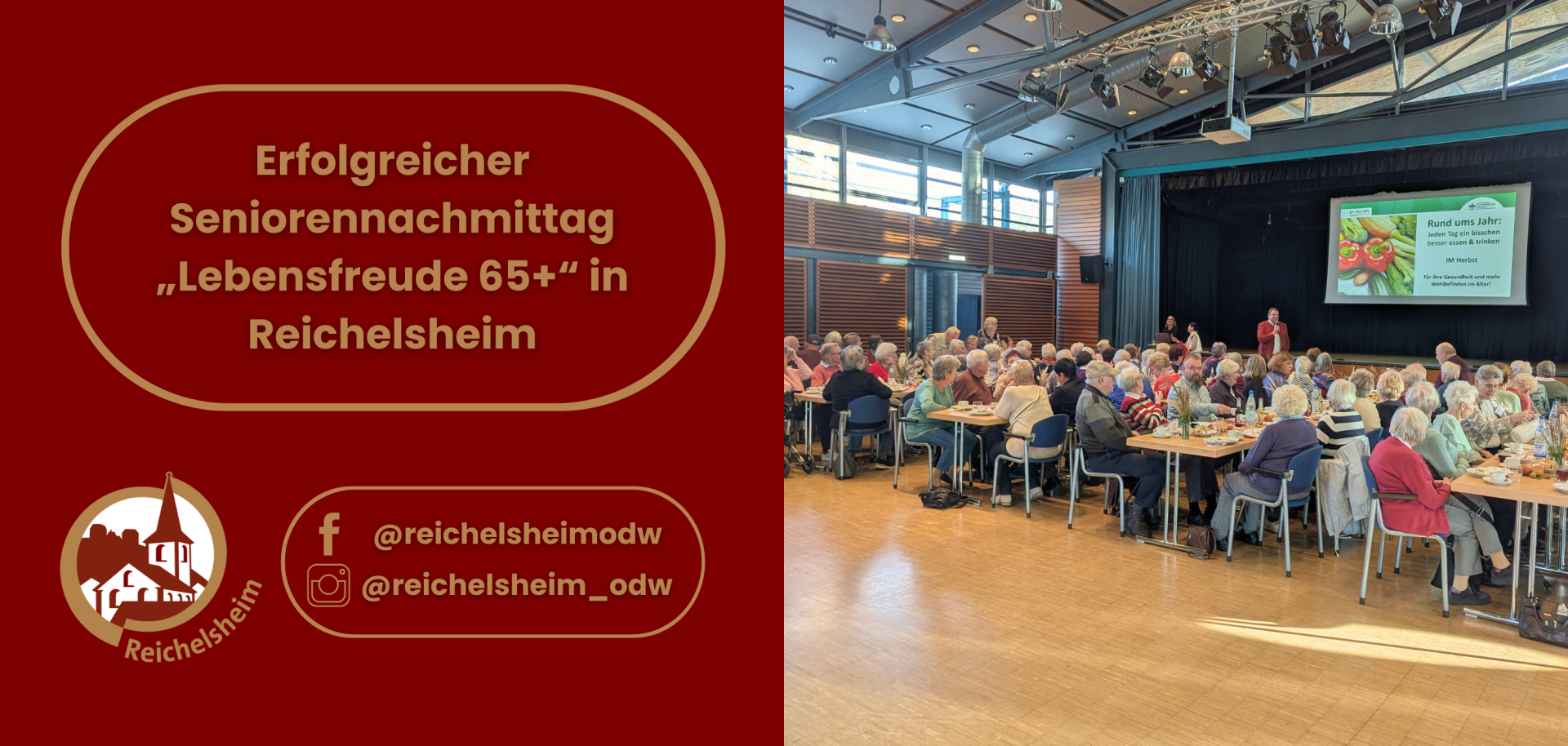 Zweigeteilte Übersicht. Auf der linken Seite ist der Titel des Artikels zu lesen und ein Hinweis auf die Social Media Kanäle der Gemeinde Reichelsheim zu sehen. Auf der rechten Seite ist ein zum Artikel passendes Bild platziert.