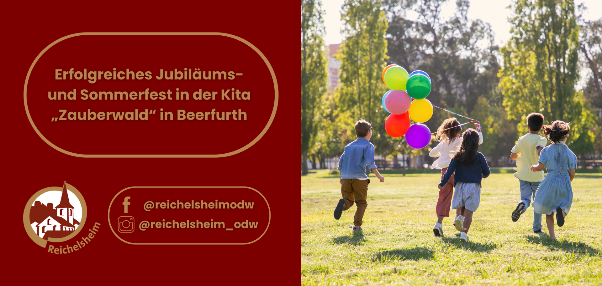 Zweigeteilte Übersicht. Auf der linken Seite ist der Titel des Artikels zu lesen und ein Hinweis auf die Social Media Kanäle der Gemeinde Reichelsheim zu sehen. Auf der rechten Seite ist ein zum Artikel passendes Bild platziert.