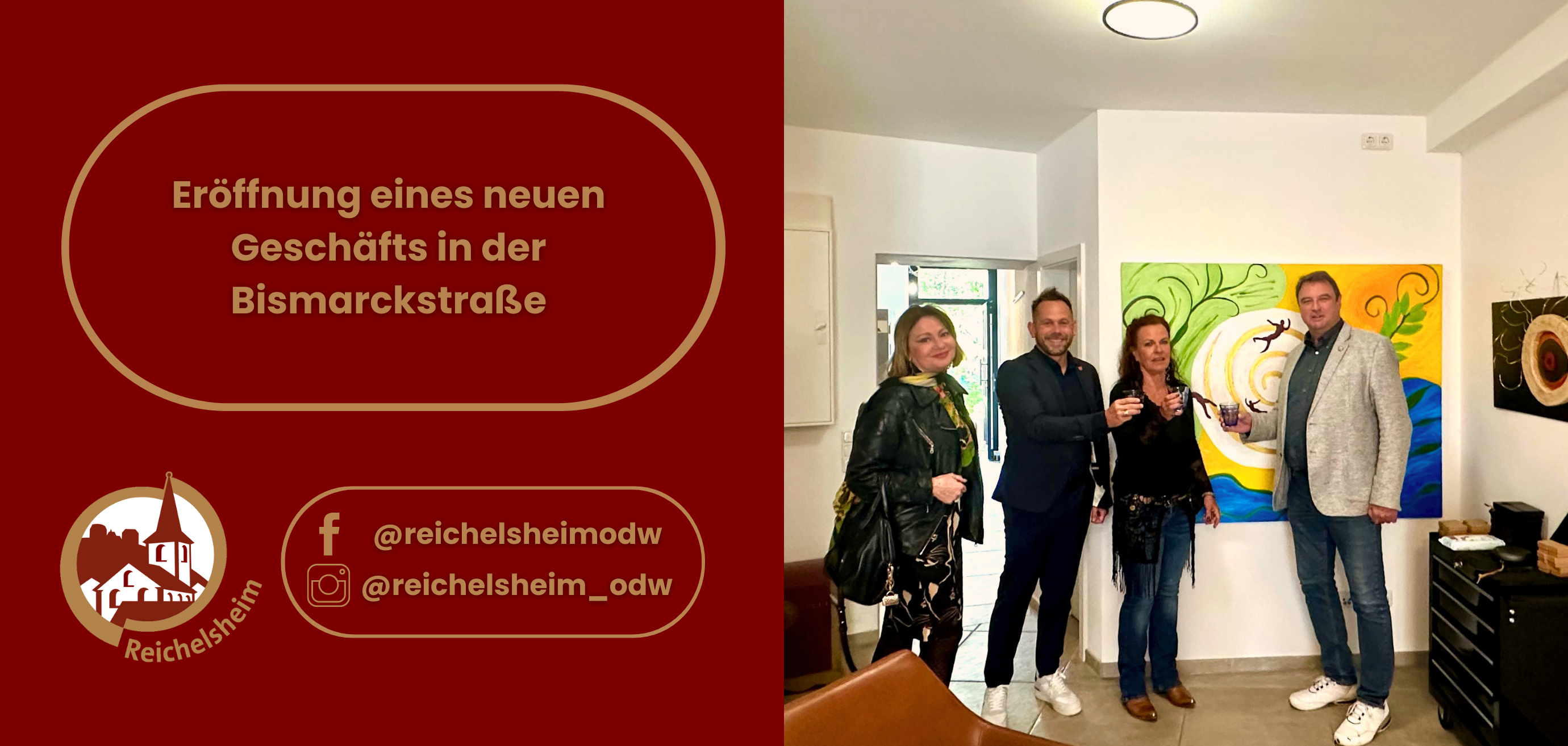 Zweigeteilte Übersicht. Auf der linken Seite ist der Titel des Artikels zu lesen und ein Hinweis auf die Social Media Kanäle der Gemeinde Reichelsheim zu sehen. Auf der rechten Seite ist ein zum Artikel passendes Bild platziert.