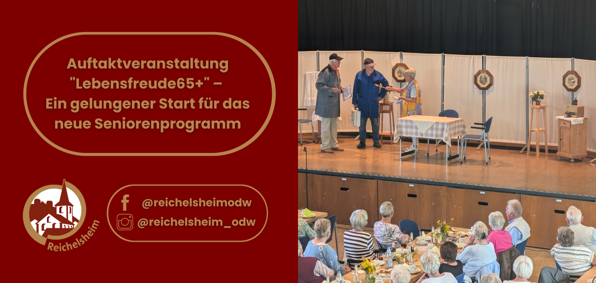 Zweigeteilte Übersicht. Auf der linken Seite ist der Titel des Artikels zu lesen und ein Hinweis auf die Social Media Kanäle der Gemeinde Reichelsheim zu sehen. Auf der rechten Seite ist ein zum Artikel passendes Bild platziert.