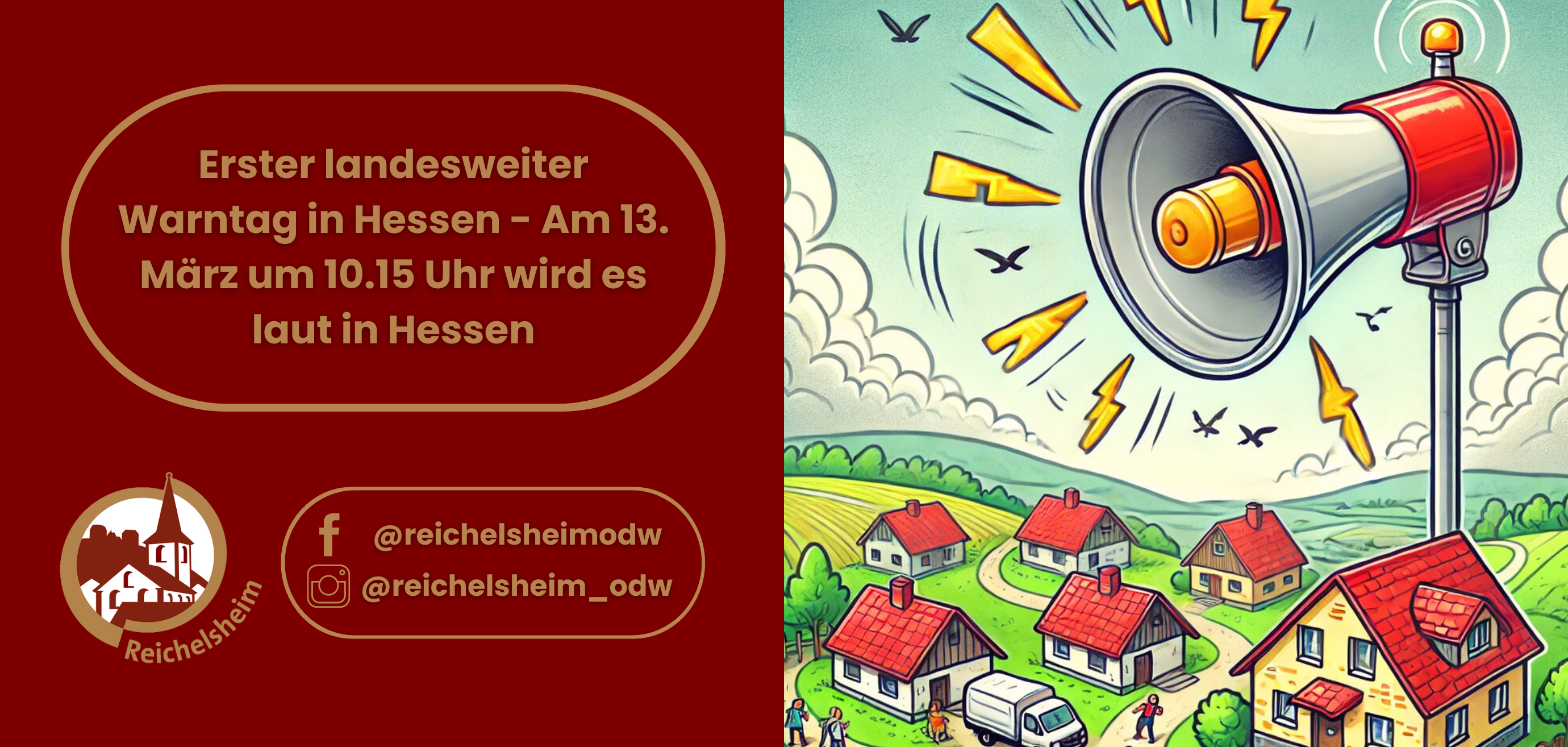 Zweigeteilte Übersicht. Auf der linken Seite ist der Titel des Artikels zu lesen und ein Hinweis auf die Social Media Kanäle der Gemeinde Reichelsheim zu sehen. Auf der rechten Seite ist ein zum Artikel passendes Bild platziert.