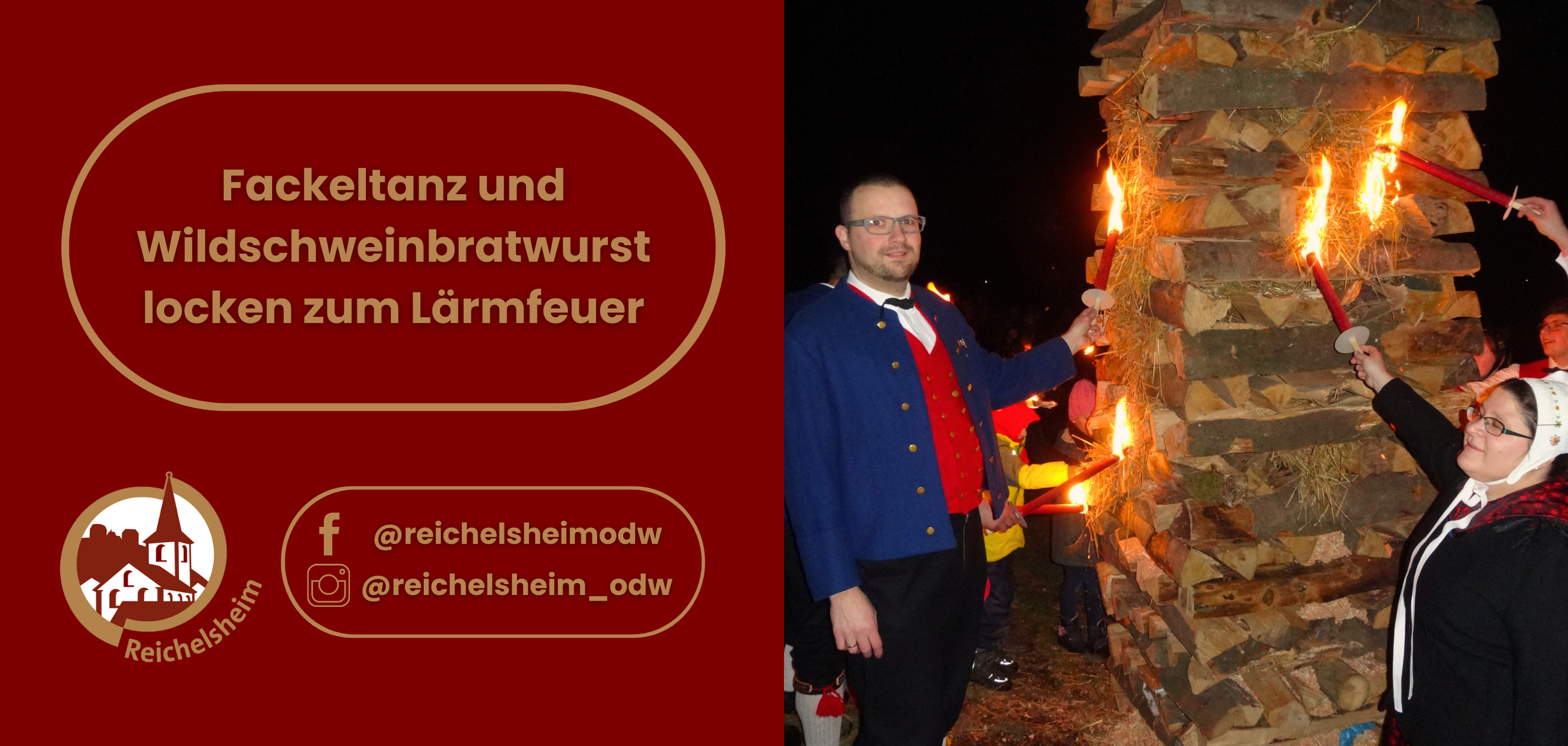 Zweigeteilte Übersicht. Auf der linken Seite ist der Titel des Artikels zu lesen und ein Hinweis auf die Social Media Kanäle der Gemeinde Reichelsheim zu sehen. Auf der rechten Seite ist ein zum Artikel passendes Bild platziert.